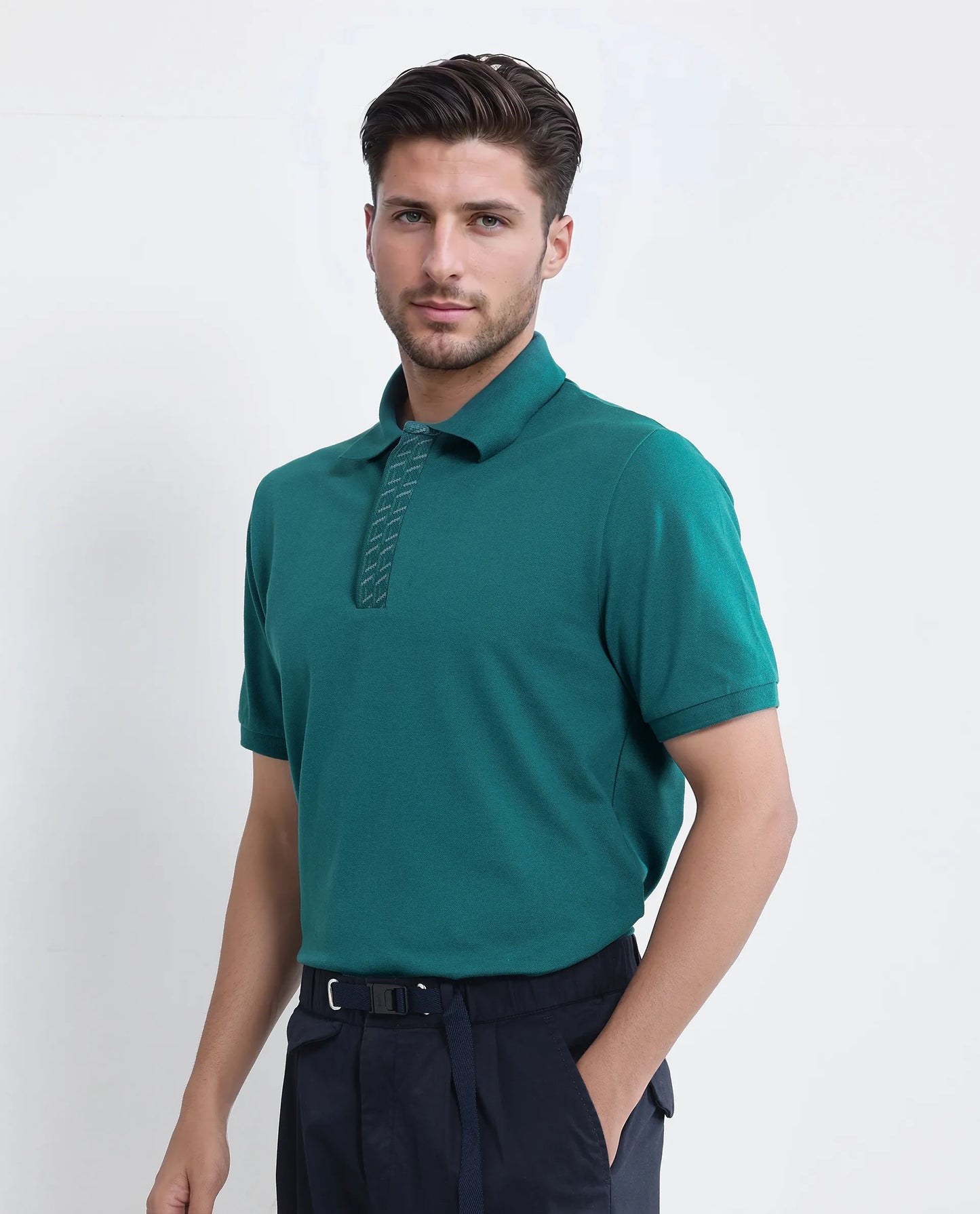 Rare Rabbit Men Arko Green Cotton Blend Fabric Short Sleeve Regular Collared with Jacquard Placket Button Closure Plain Polo T-Shirt