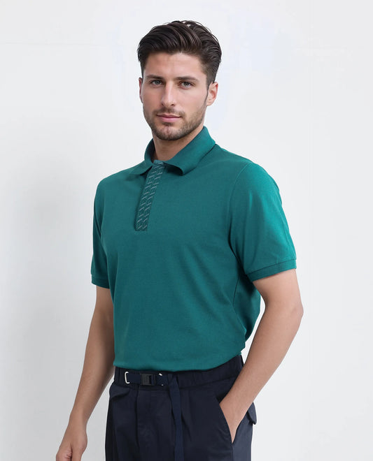 Rare Rabbit Men Arko Green Cotton Blend Fabric Short Sleeve Regular Collared with Jacquard Placket Button Closure Plain Polo T-Shirt