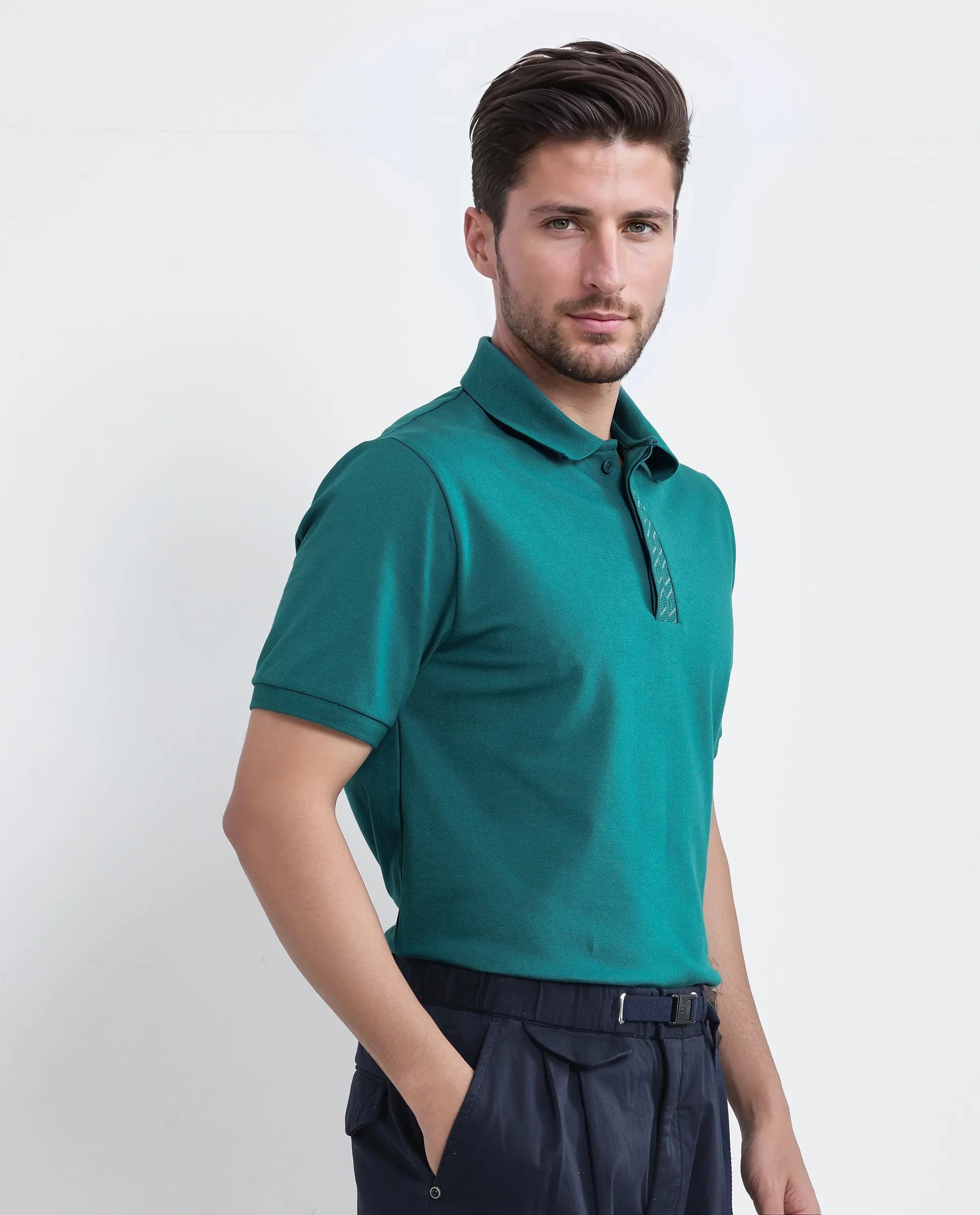 Rare Rabbit Men Arko Green Cotton Blend Fabric Short Sleeve Regular Collared with Jacquard Placket Button Closure Plain Polo T-Shirt