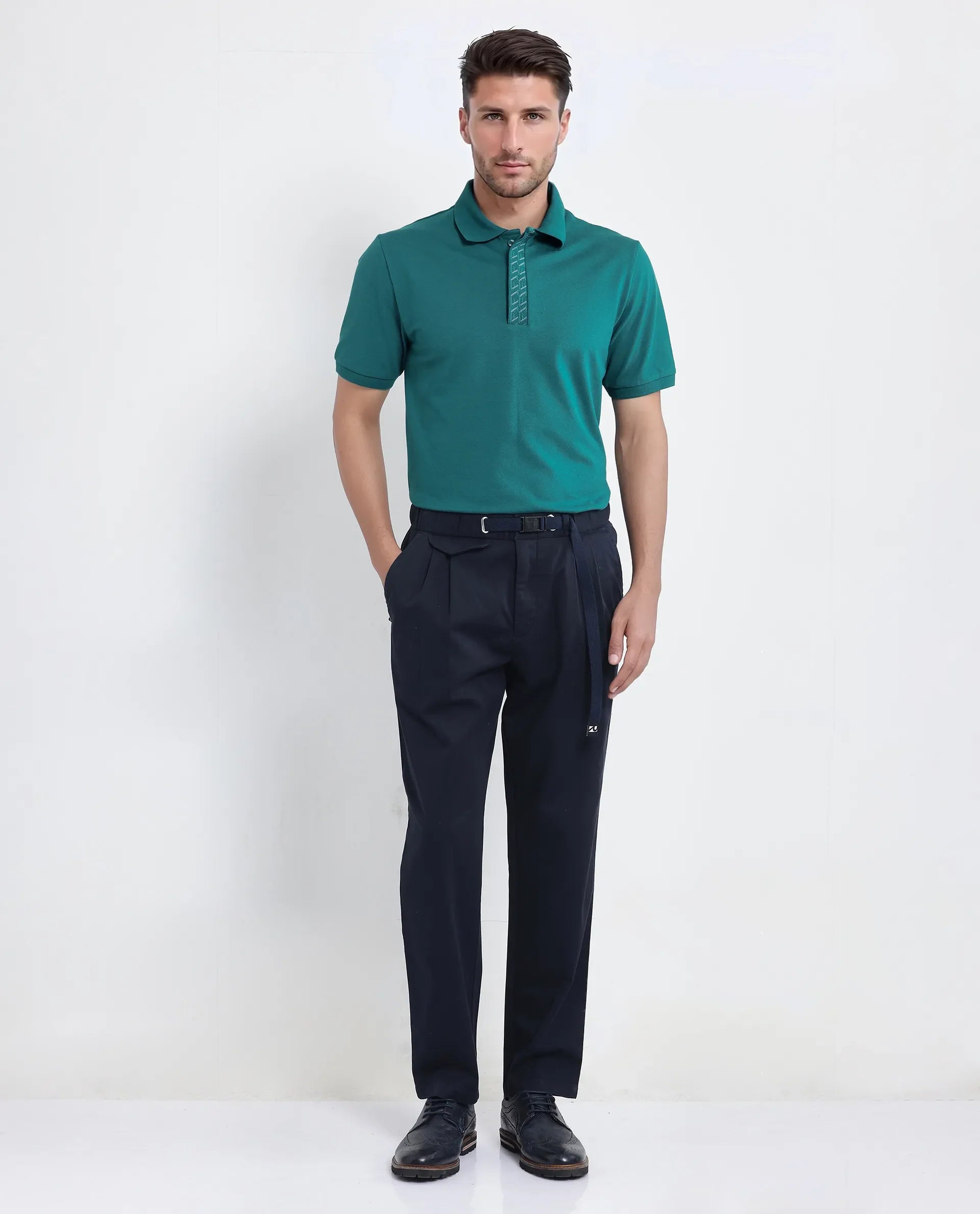 Rare Rabbit Men Arko Green Cotton Blend Fabric Short Sleeve Regular Collared with Jacquard Placket Button Closure Plain Polo T-Shirt