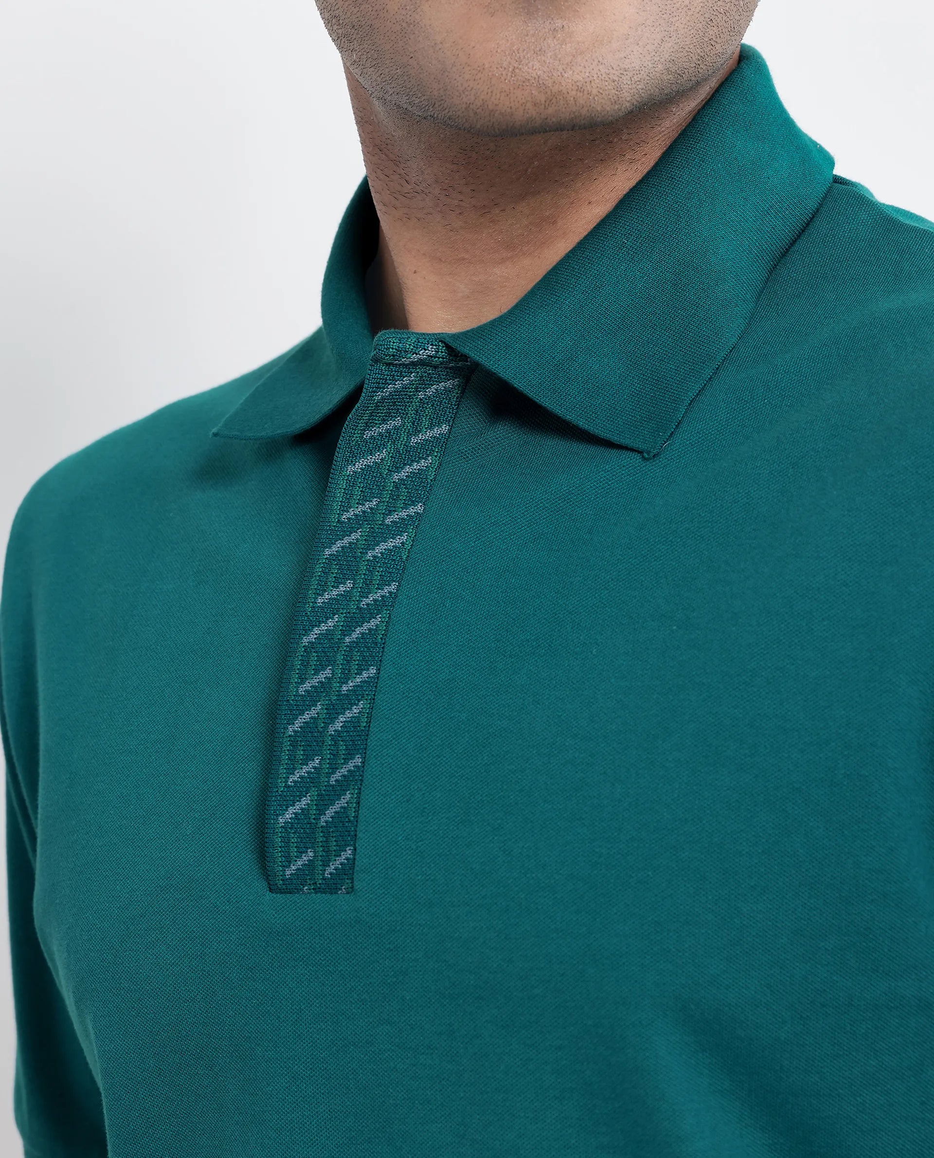 Rare Rabbit Men Arko Green Cotton Blend Fabric Short Sleeve Regular Collared with Jacquard Placket Button Closure Plain Polo T-Shirt