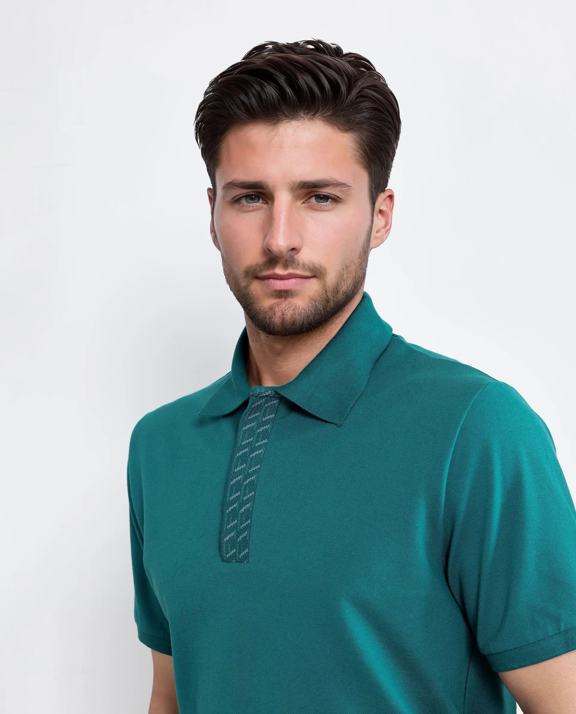 Rare Rabbit Men Arko Green Cotton Blend Fabric Short Sleeve Regular Collared with Jacquard Placket Button Closure Plain Polo T-Shirt