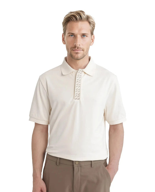 Rare Rabbit Men Arko Off White Cotton Blend Fabric Short Sleeve Regular Collared with Jacquard Placket Button Closure Plain Polo T-Shirt