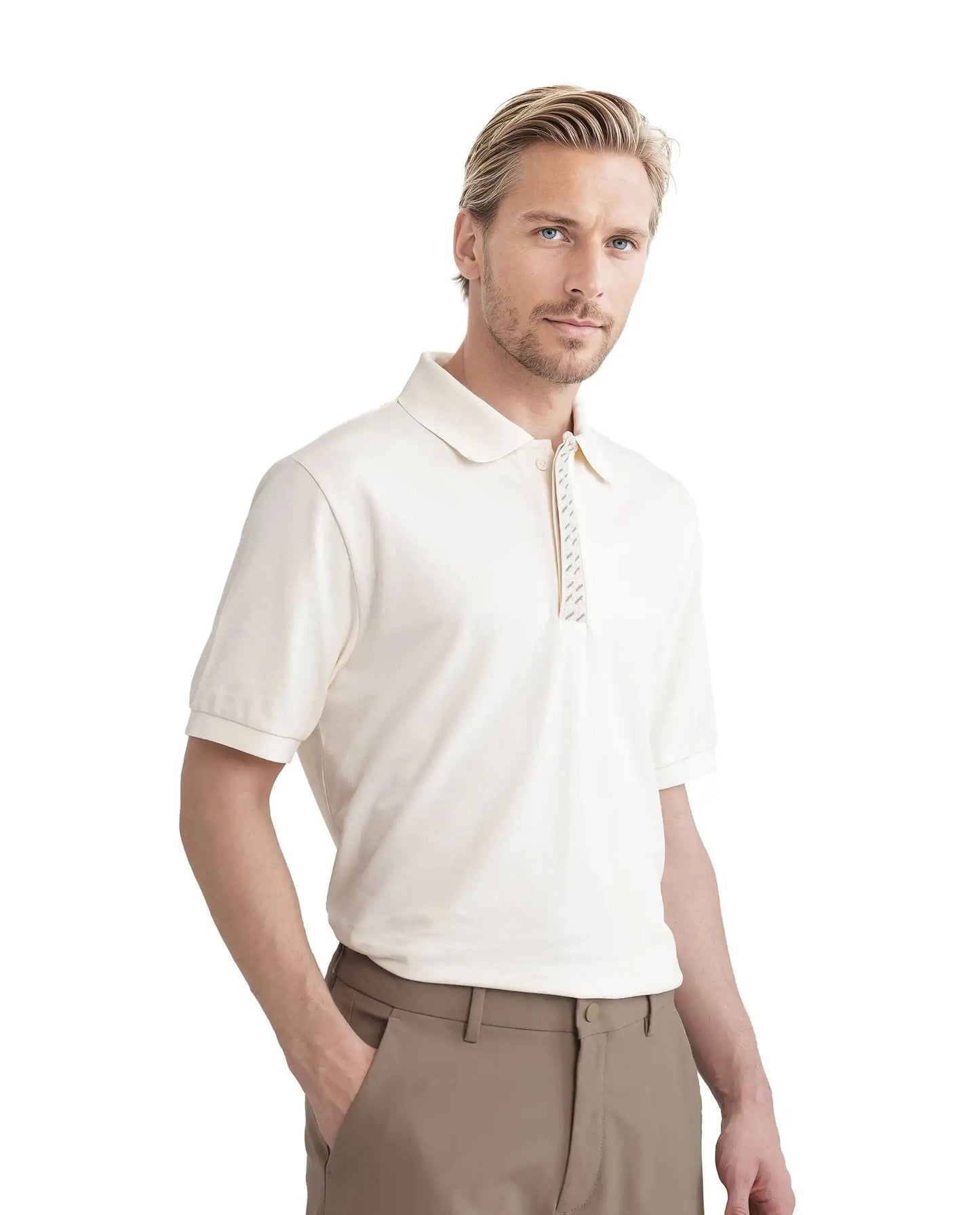 Rare Rabbit Men Arko Off White Cotton Blend Fabric Short Sleeve Regular Collared with Jacquard Placket Button Closure Plain Polo T-Shirt