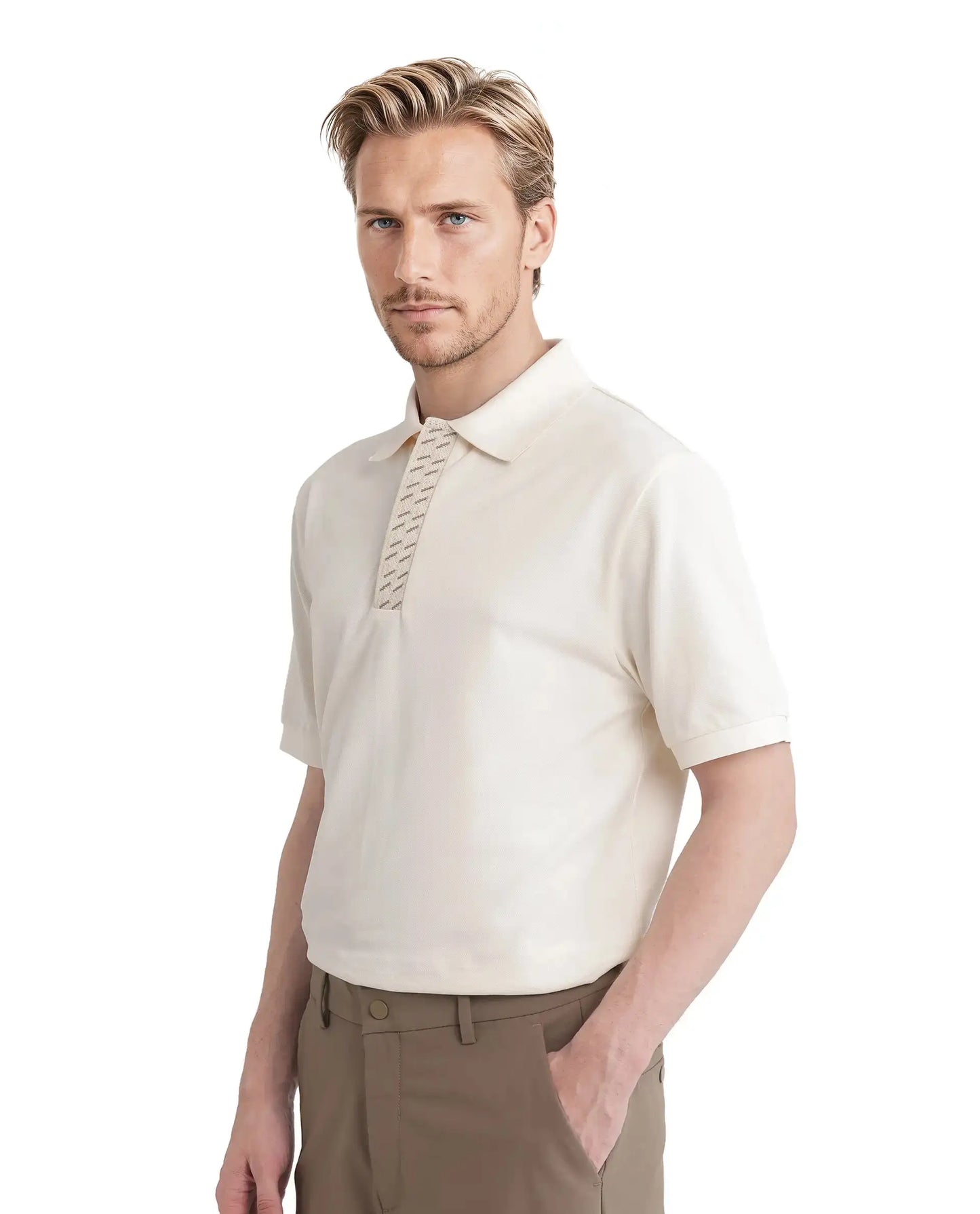 Rare Rabbit Men Arko Off White Cotton Blend Fabric Short Sleeve Regular Collared with Jacquard Placket Button Closure Plain Polo T-Shirt