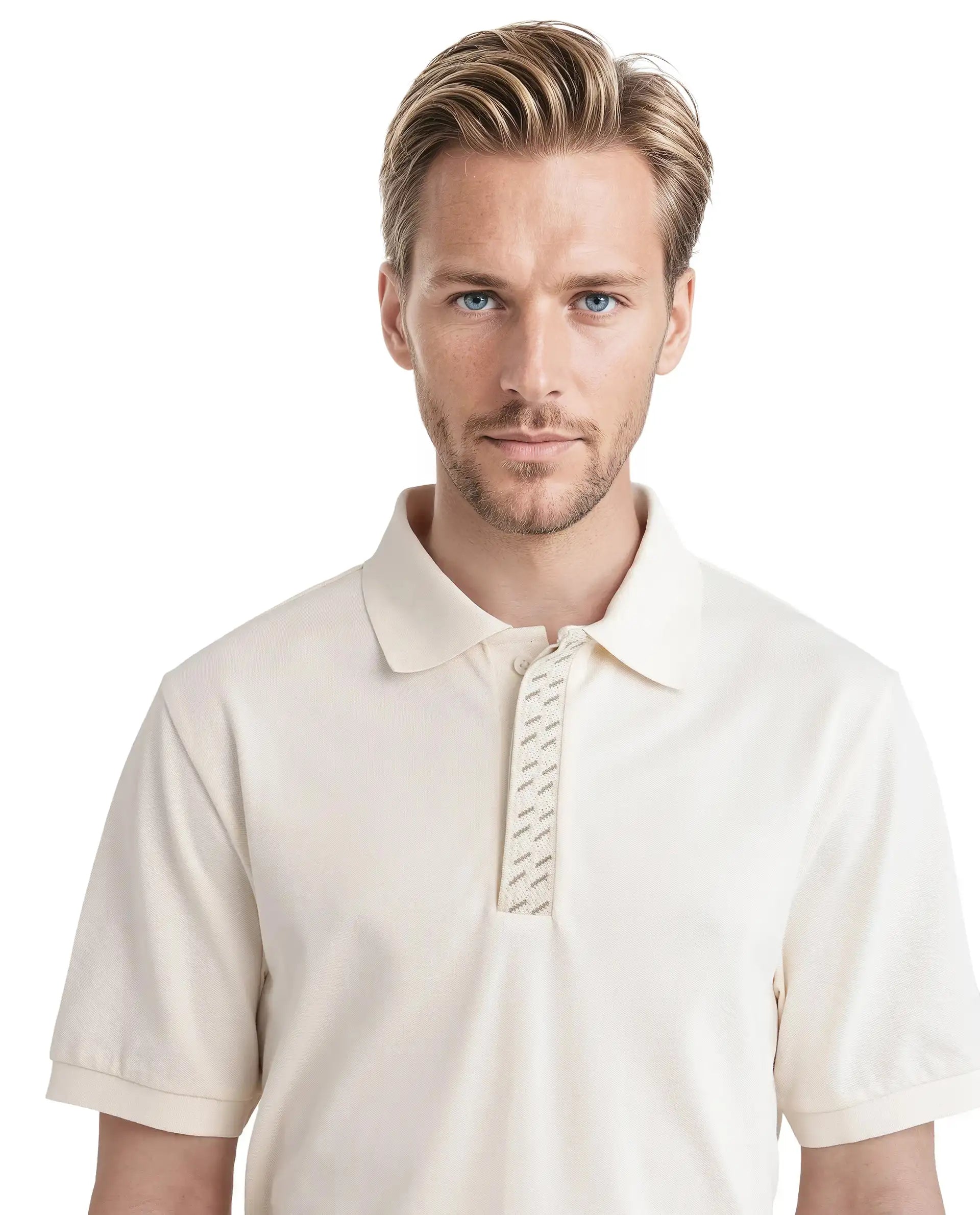 Rare Rabbit Men Arko Off White Cotton Blend Fabric Short Sleeve Regular Collared with Jacquard Placket Button Closure Plain Polo T-Shirt