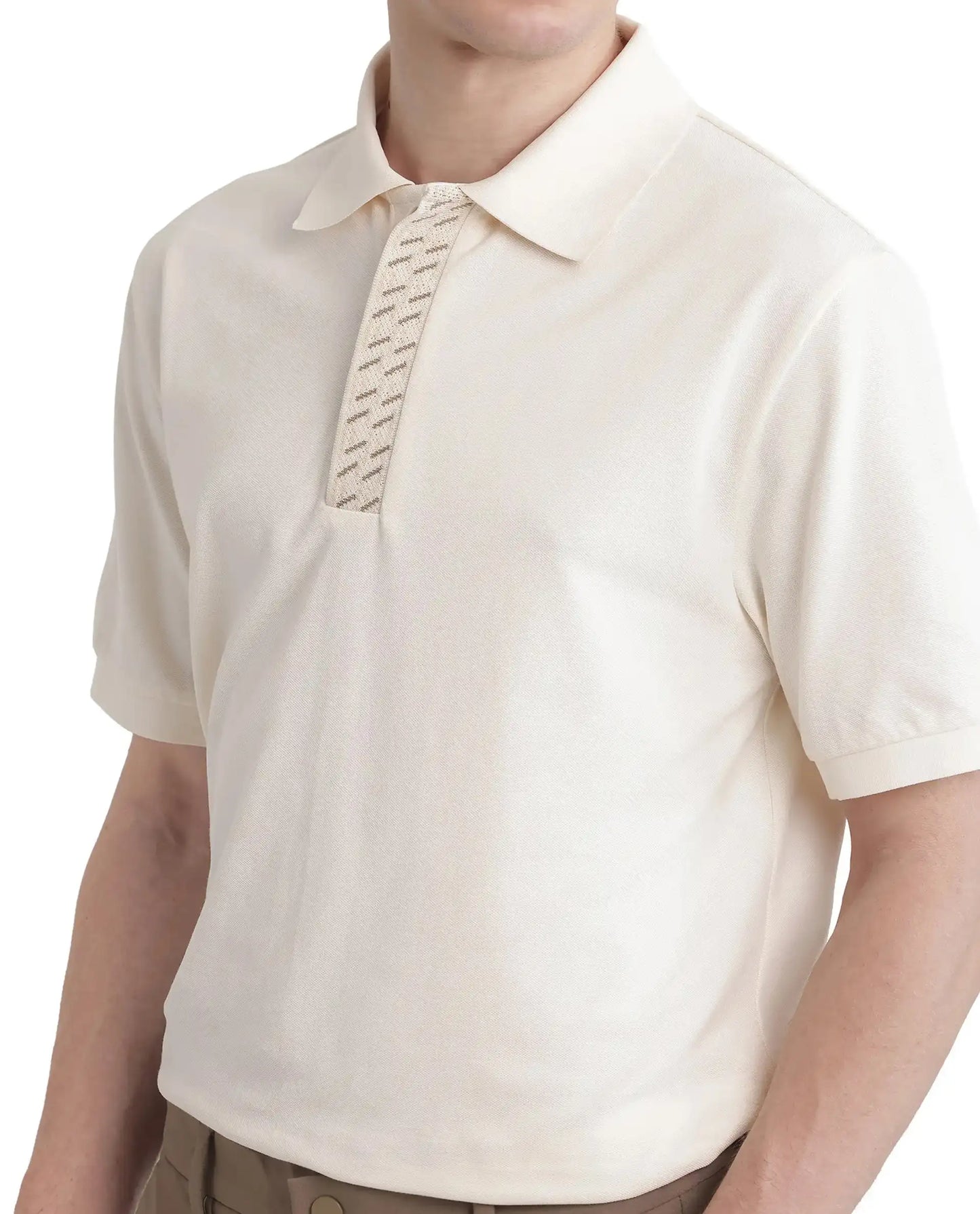 Rare Rabbit Men Arko Off White Cotton Blend Fabric Short Sleeve Regular Collared with Jacquard Placket Button Closure Plain Polo T-Shirt