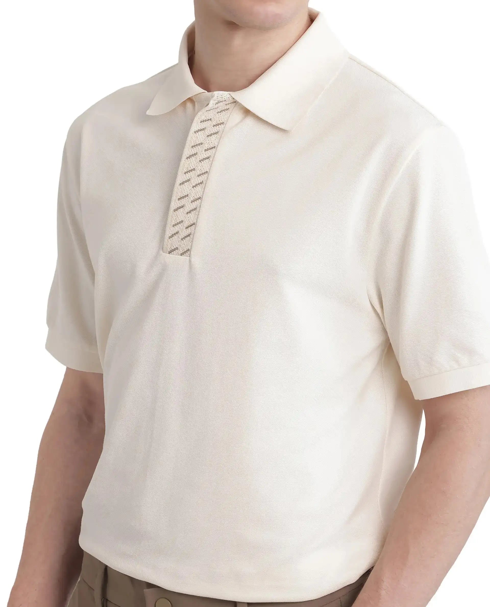 Rare Rabbit Men Arko Off White Cotton Blend Fabric Short Sleeve Regular Collared with Jacquard Placket Button Closure Plain Polo T-Shirt