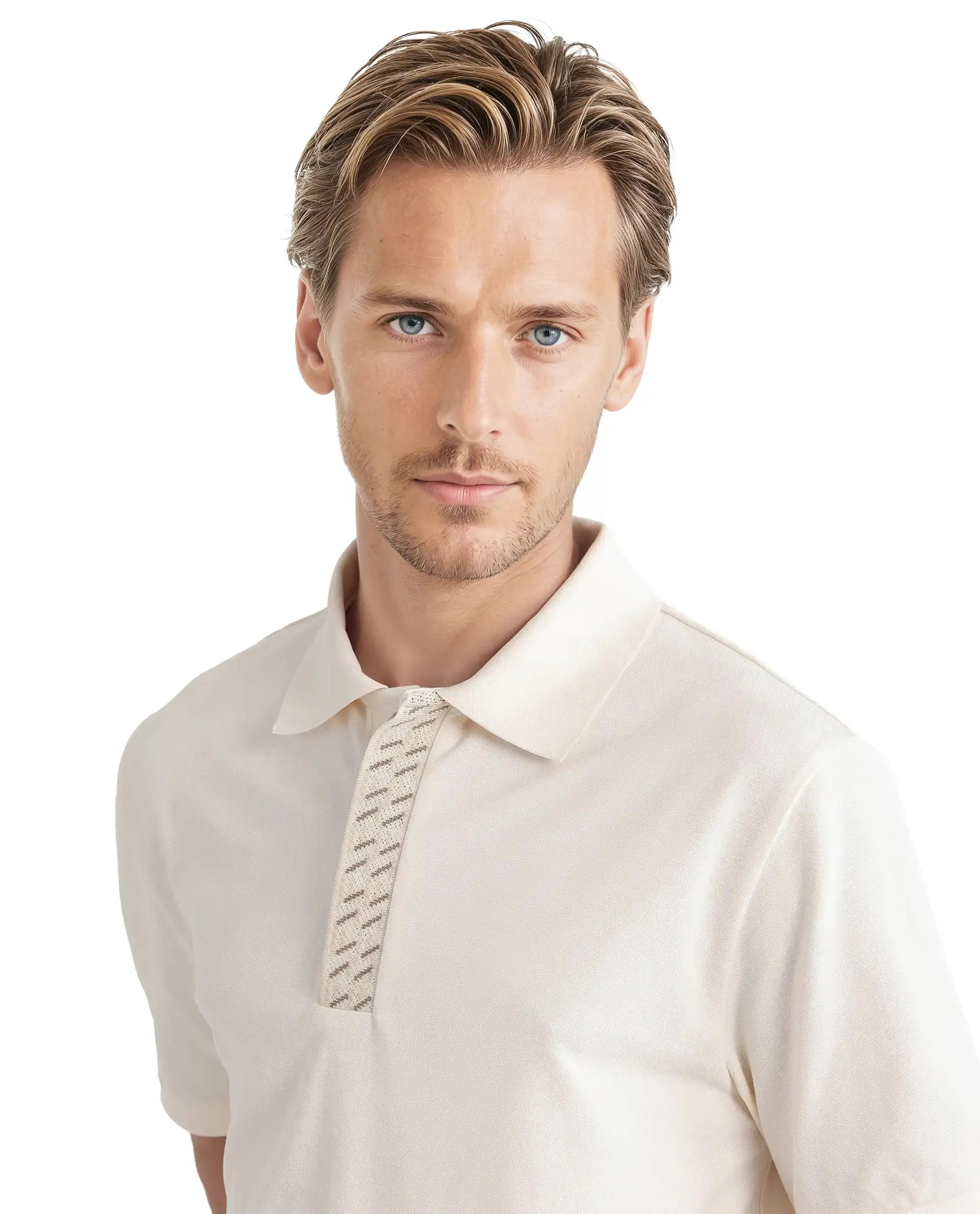 Rare Rabbit Men Arko Off White Cotton Blend Fabric Short Sleeve Regular Collared with Jacquard Placket Button Closure Plain Polo T-Shirt