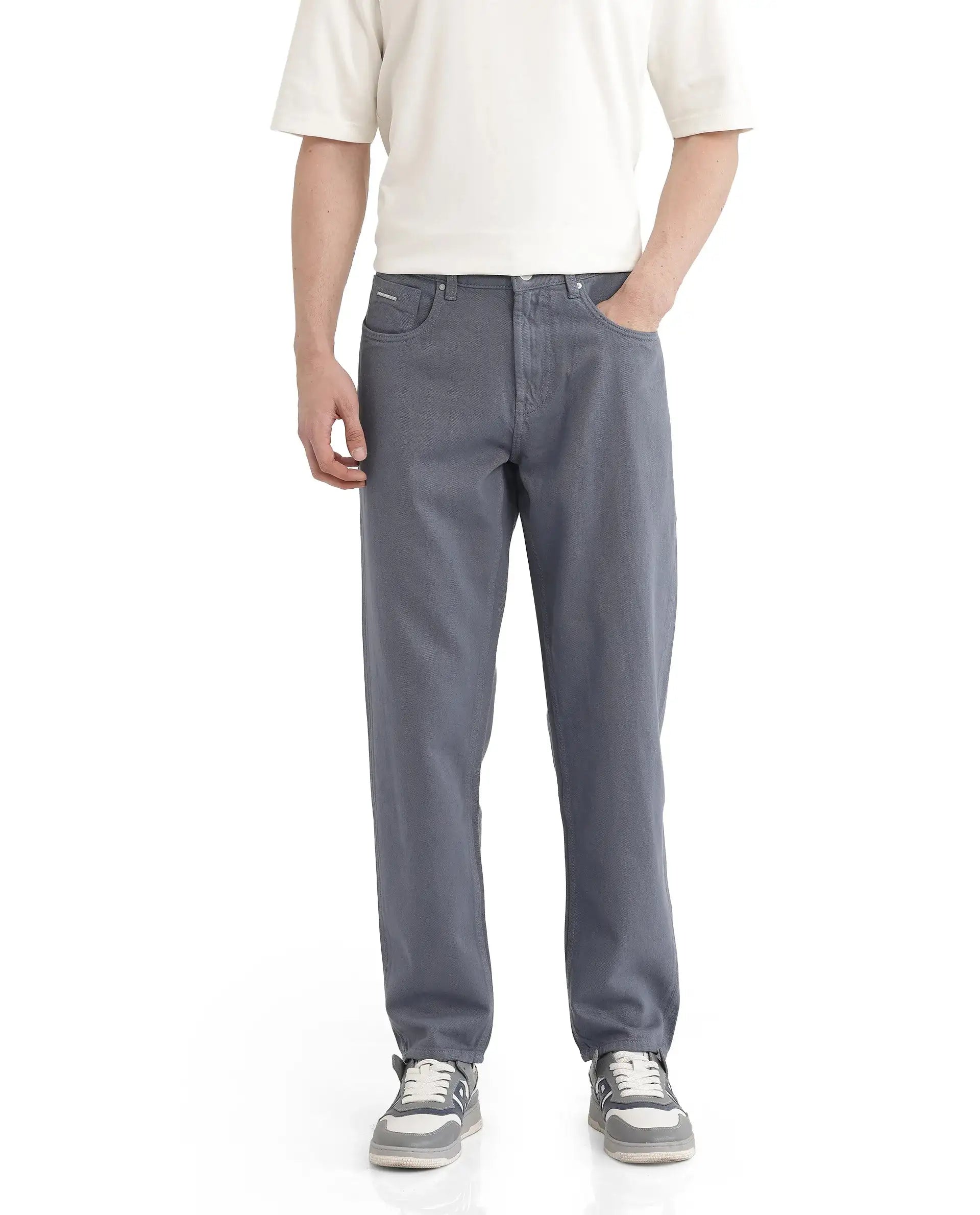 Rare Rabbit Men Arvi Blue Cotton Fabric Button And Zip Closure Plain Jeans