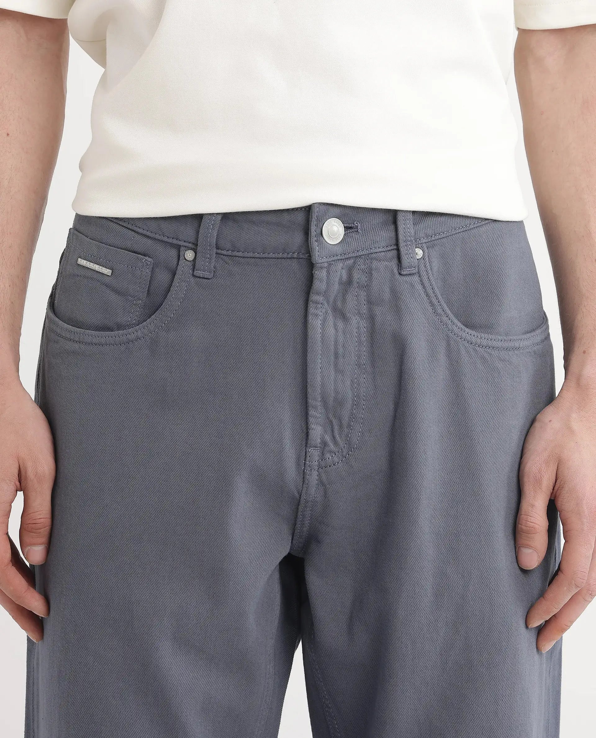 Rare Rabbit Men Arvi Blue Cotton Fabric Button And Zip Closure Plain Jeans