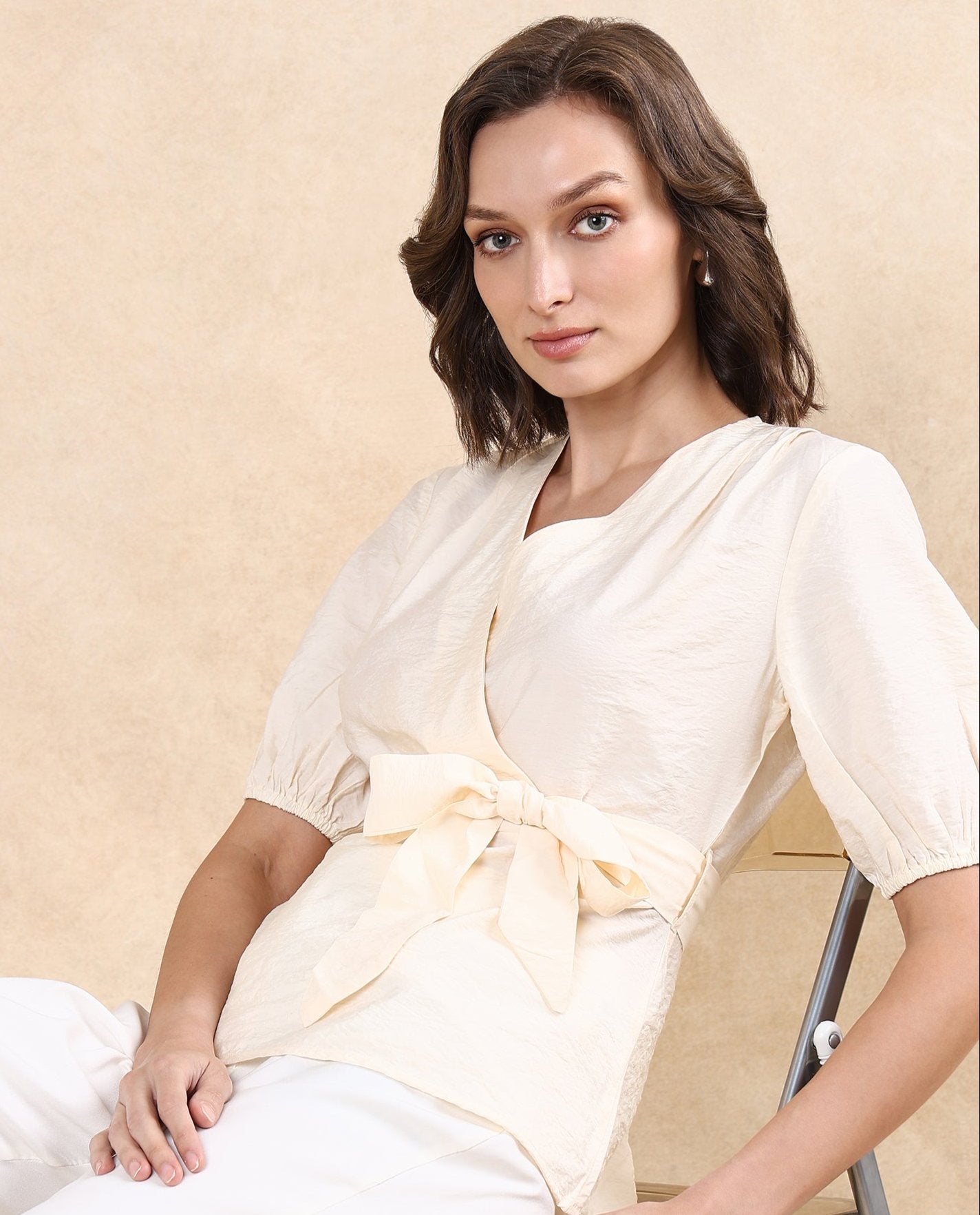Rareism Women Astina Light Beige Puff Sleeves Over Lap Neck Plain Top