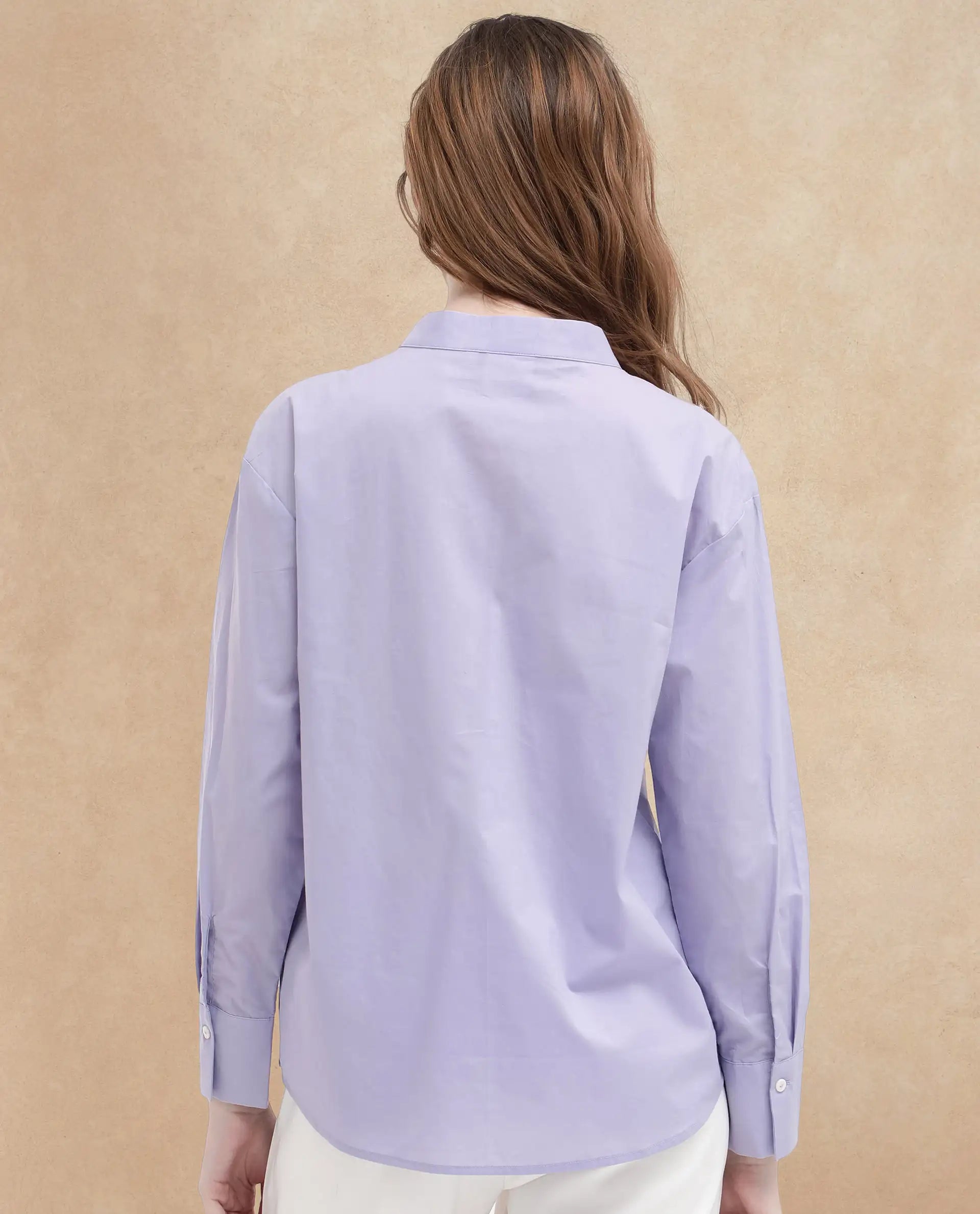 Rareism Women Aytac Light Purple Cotton Fabric Mandarin Collar Solid Shirt