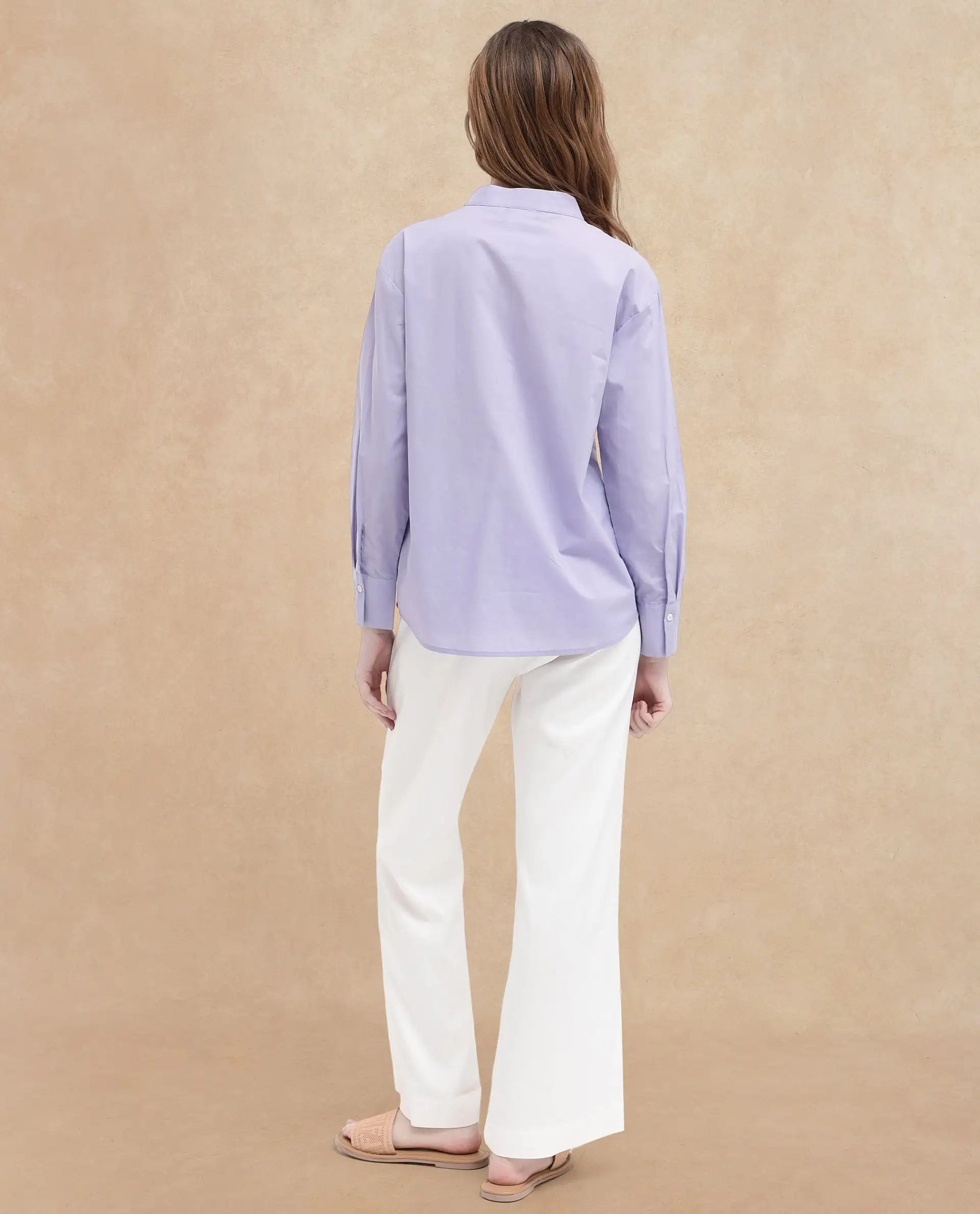 Rareism Women Aytac Light Purple Cotton Fabric Mandarin Collar Solid Shirt