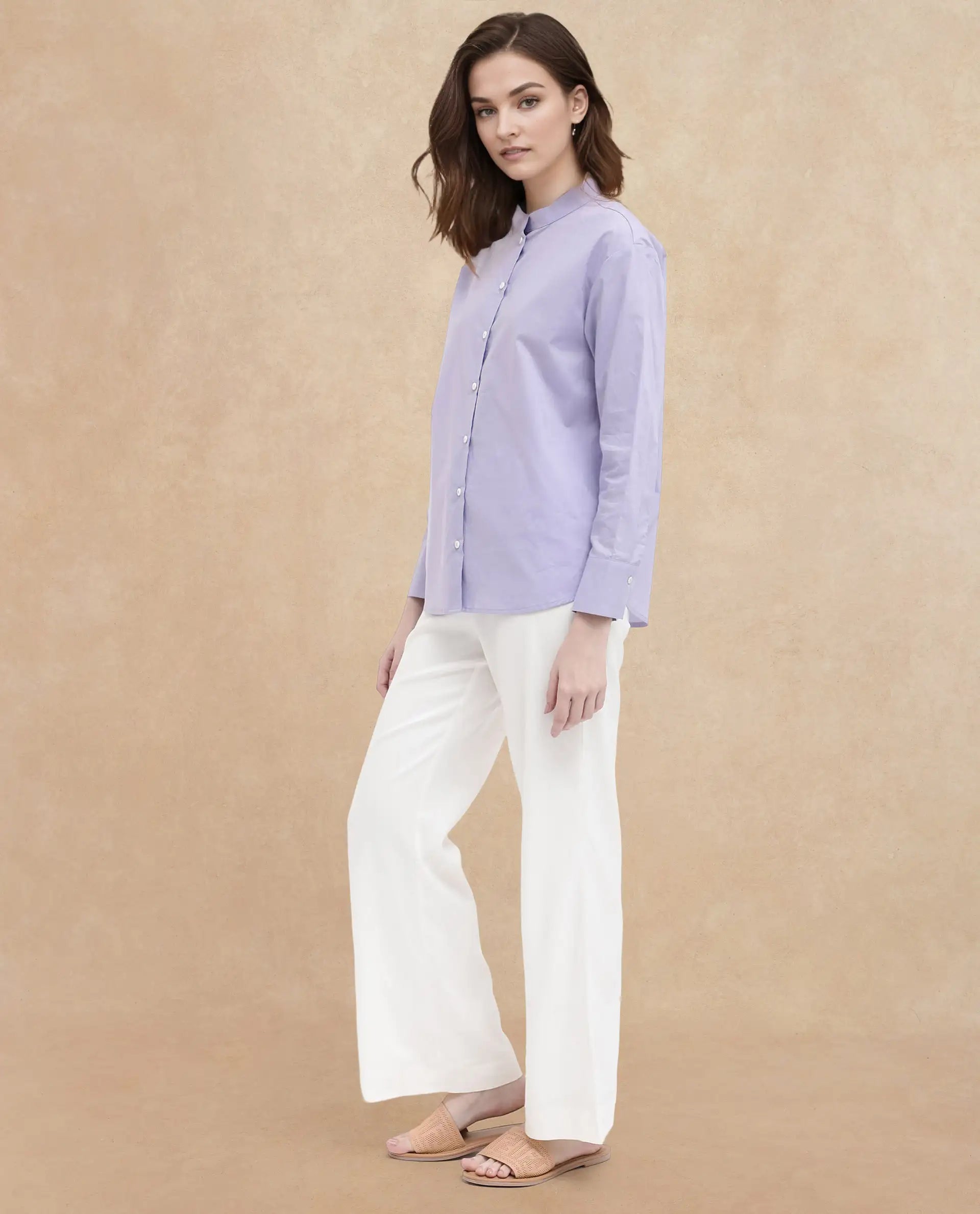 Rareism Women Aytac Light Purple Cotton Fabric Mandarin Collar Solid Shirt