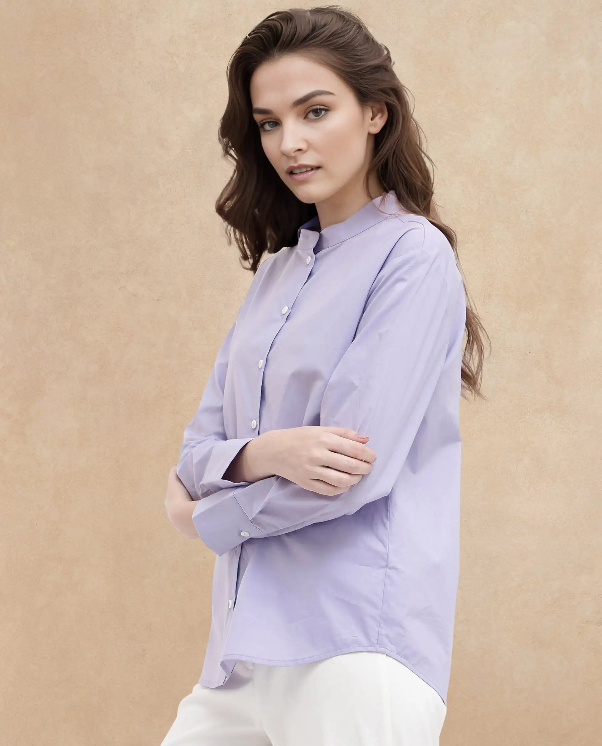 Rareism Women Aytac Light Purple Cotton Fabric Mandarin Collar Solid Shirt