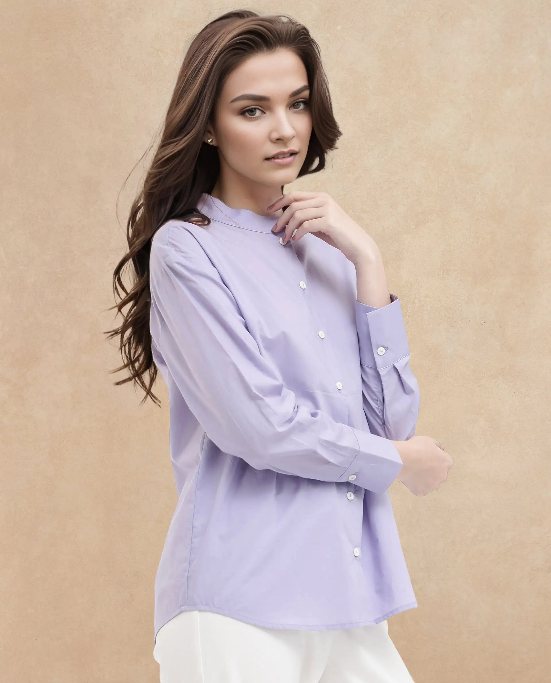 Rareism Women Aytac Light Purple Cotton Fabric Mandarin Collar Solid Shirt
