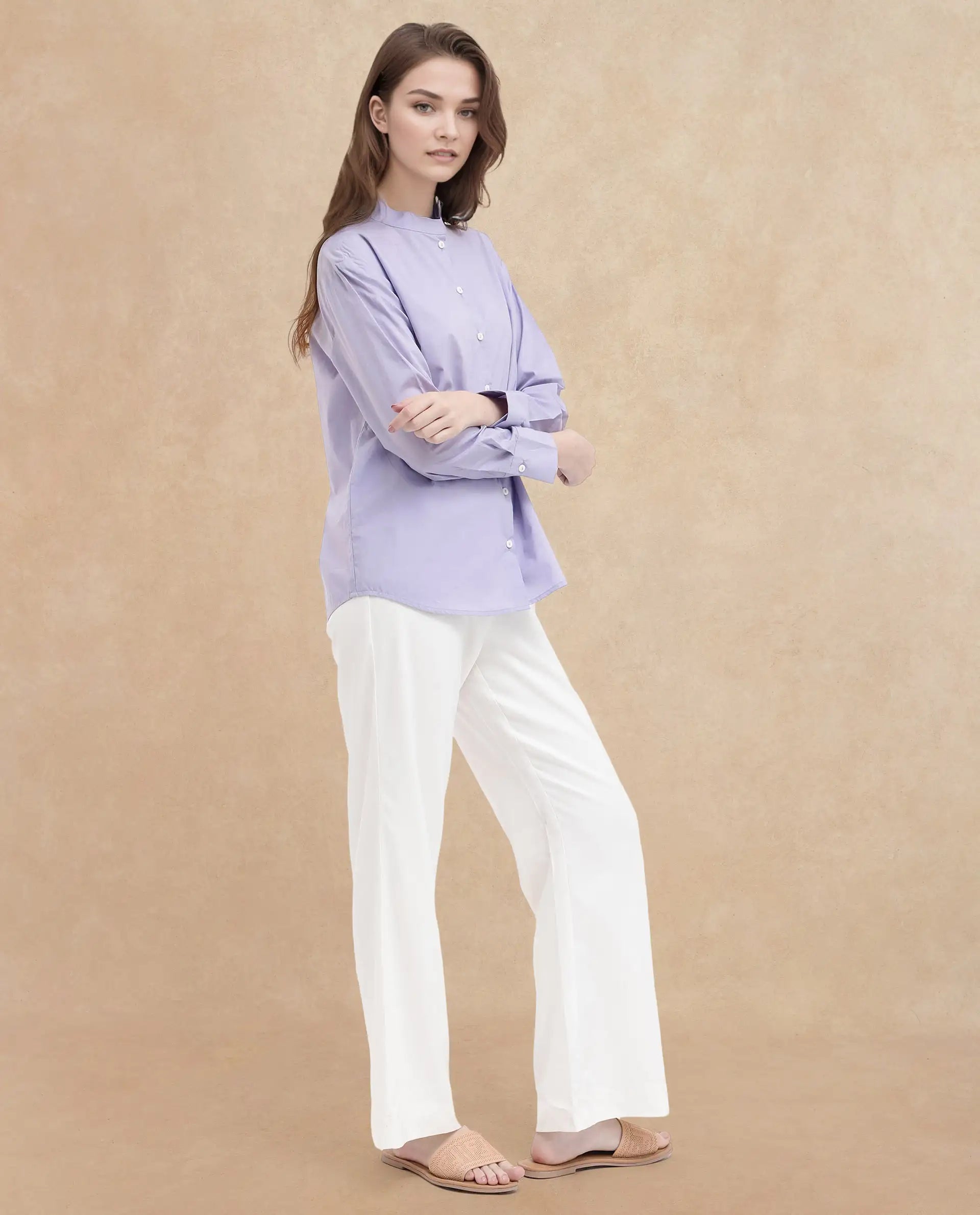 Rareism Women Aytac Light Purple Cotton Fabric Mandarin Collar Solid Shirt