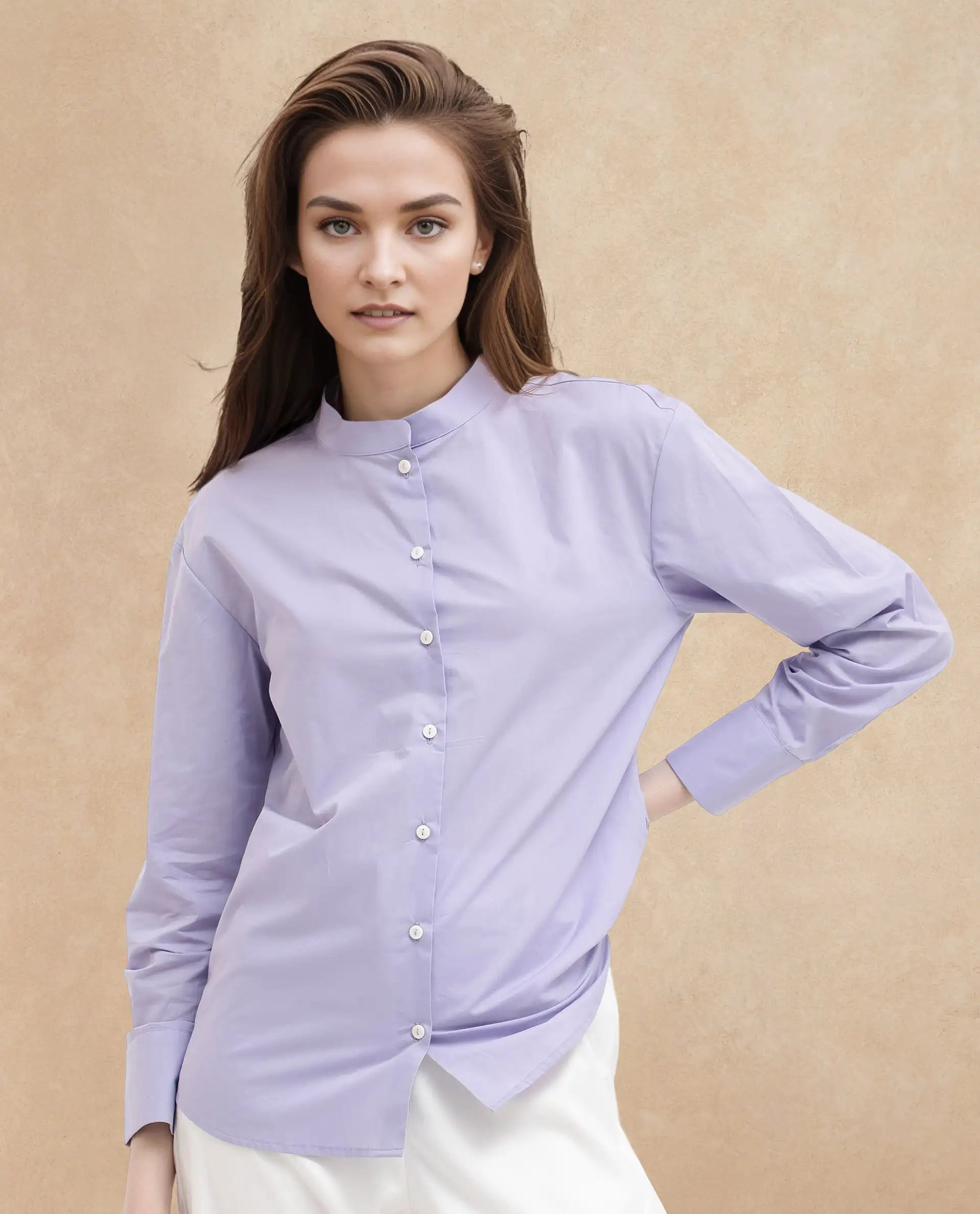 Rareism Women Aytac Light Purple Cotton Fabric Mandarin Collar Solid Shirt