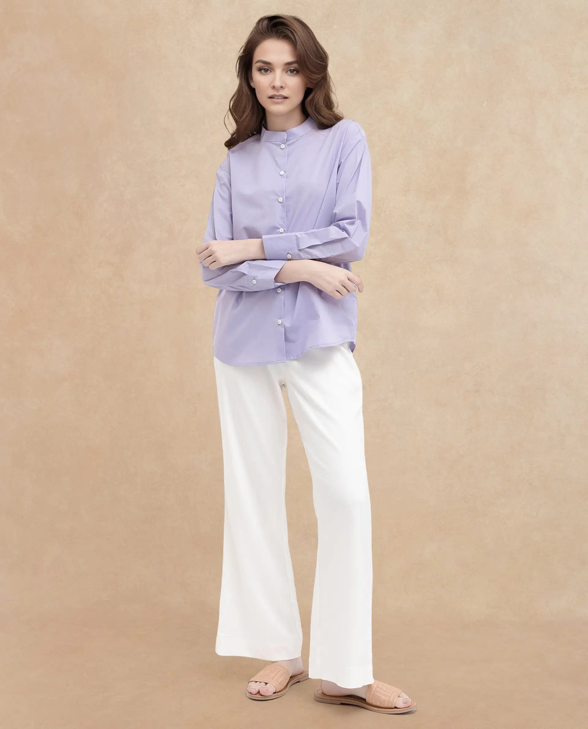 Rareism Women Aytac Light Purple Cotton Fabric Mandarin Collar Solid Shirt