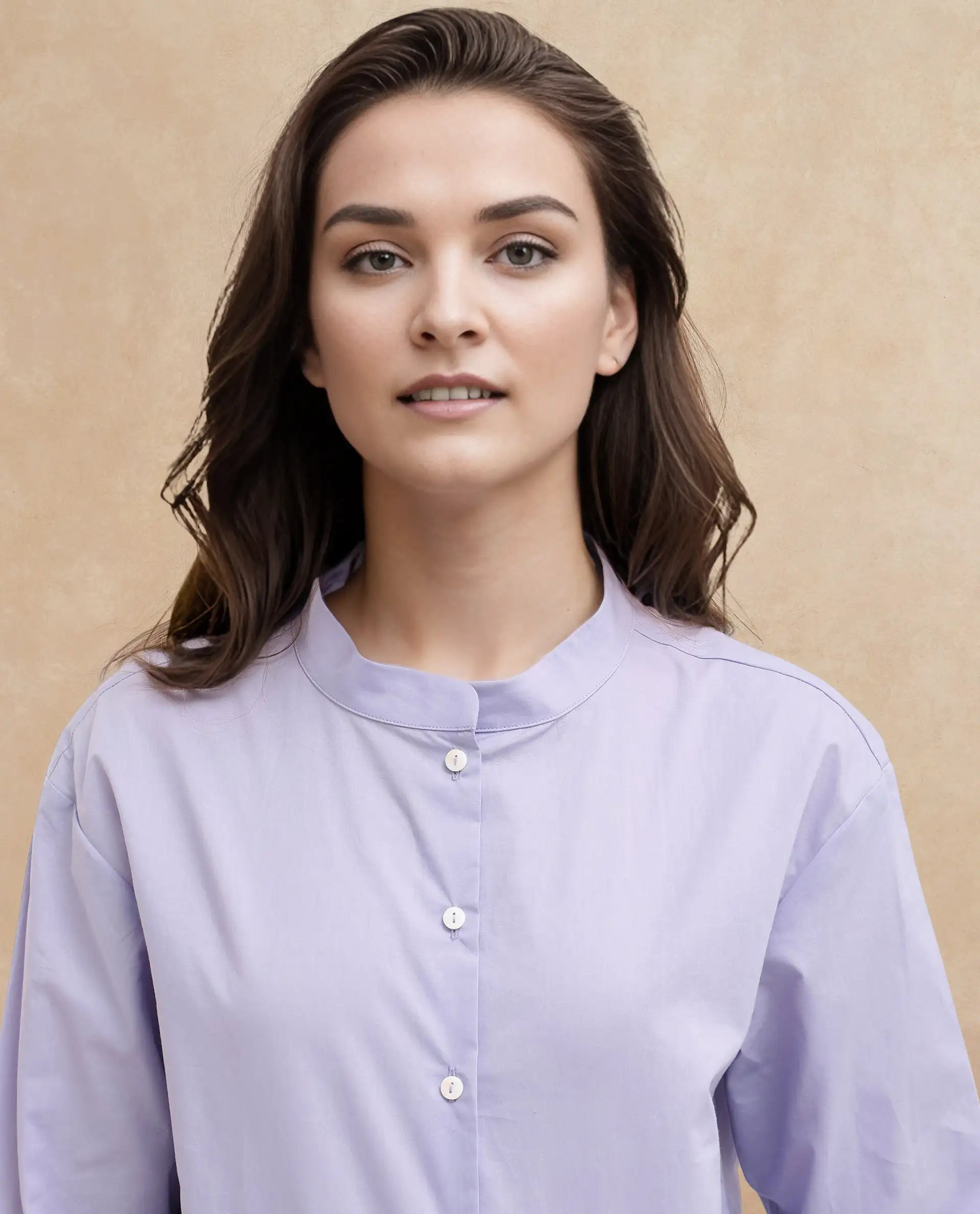 Rareism Women Aytac Light Purple Cotton Fabric Mandarin Collar Solid Shirt
