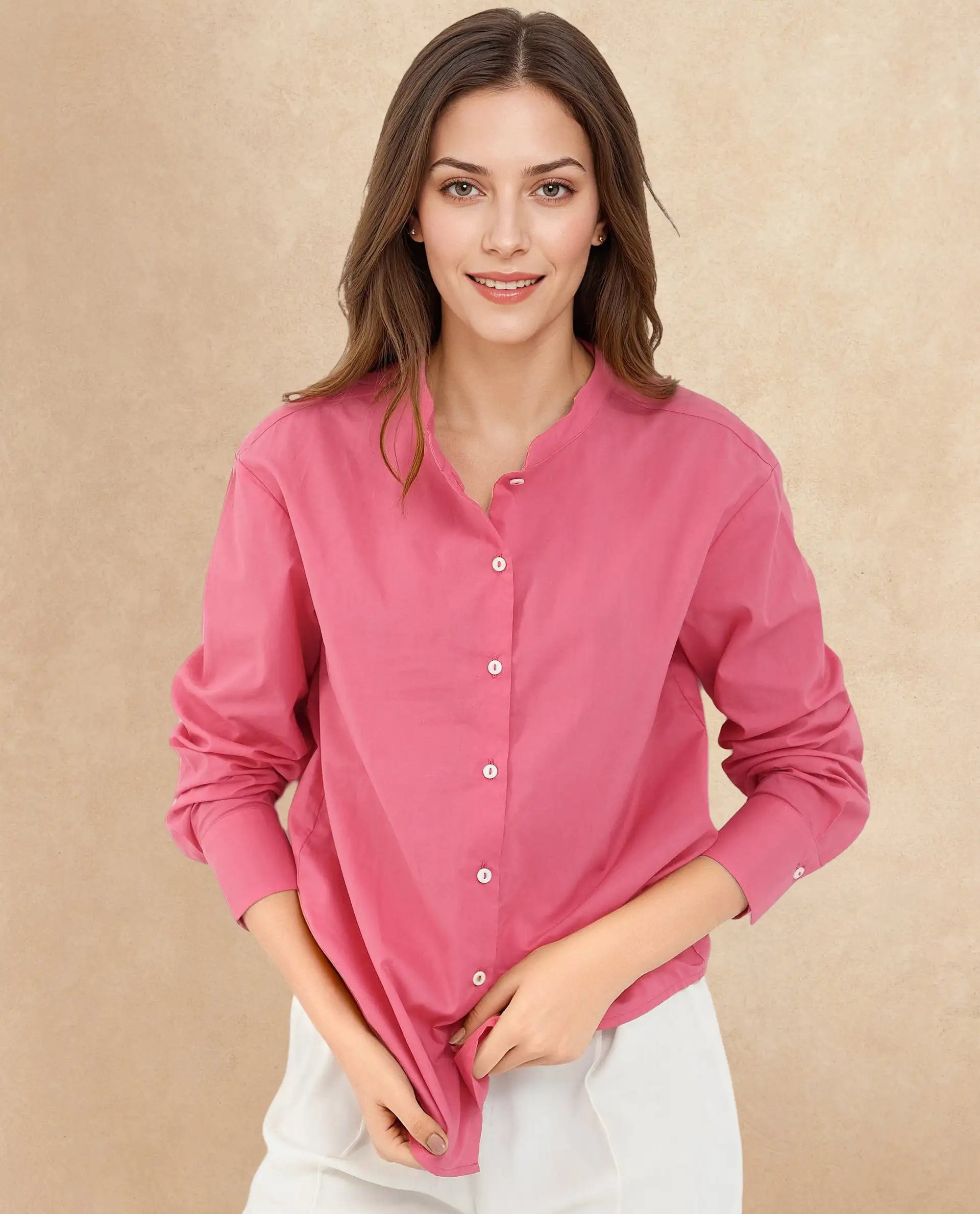 Rareism Women Aytac Light Pink Cotton Fabric Mandarin Collar Solid Shirt