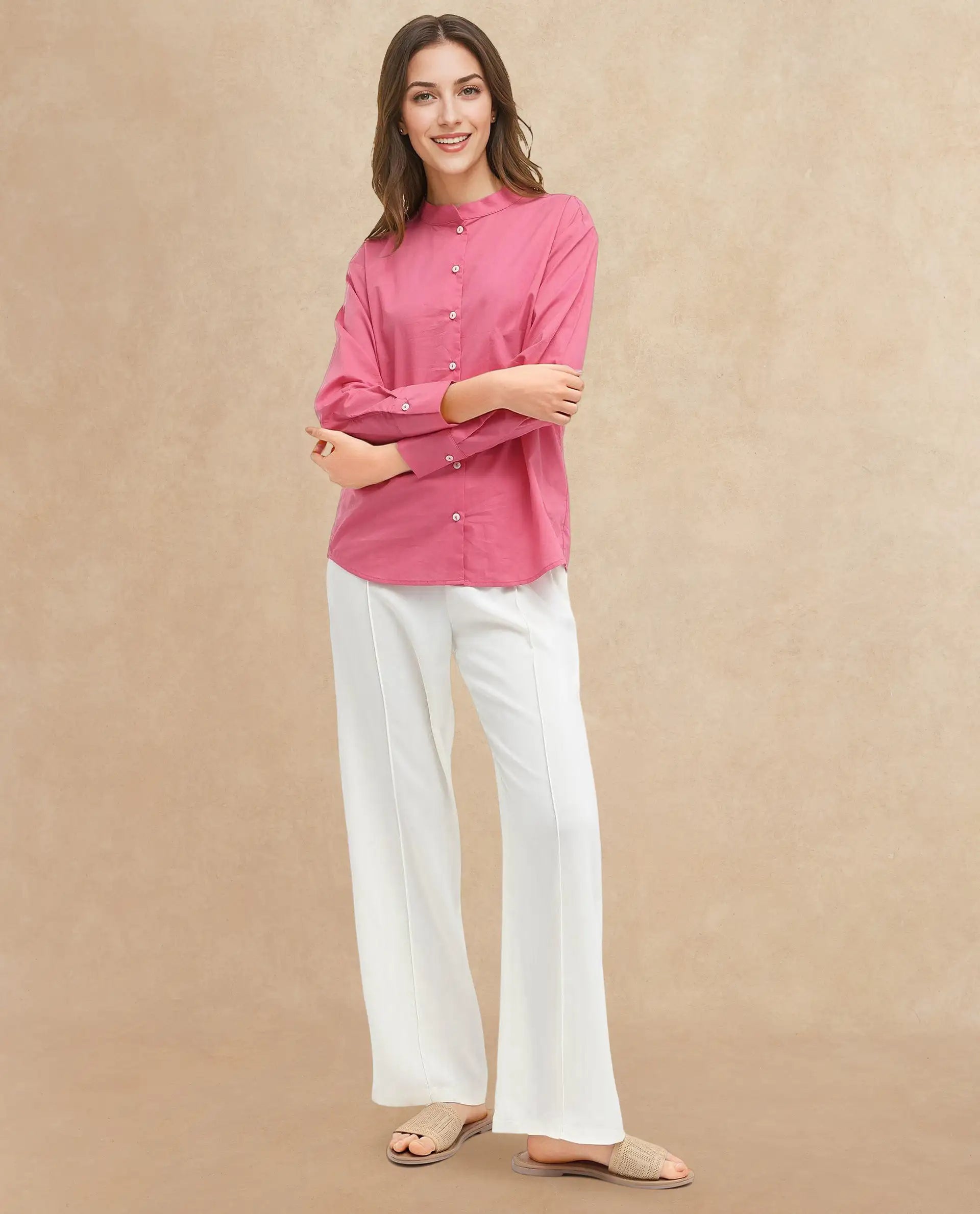 Rareism Women Aytac Light Pink Cotton Fabric Mandarin Collar Solid Shirt