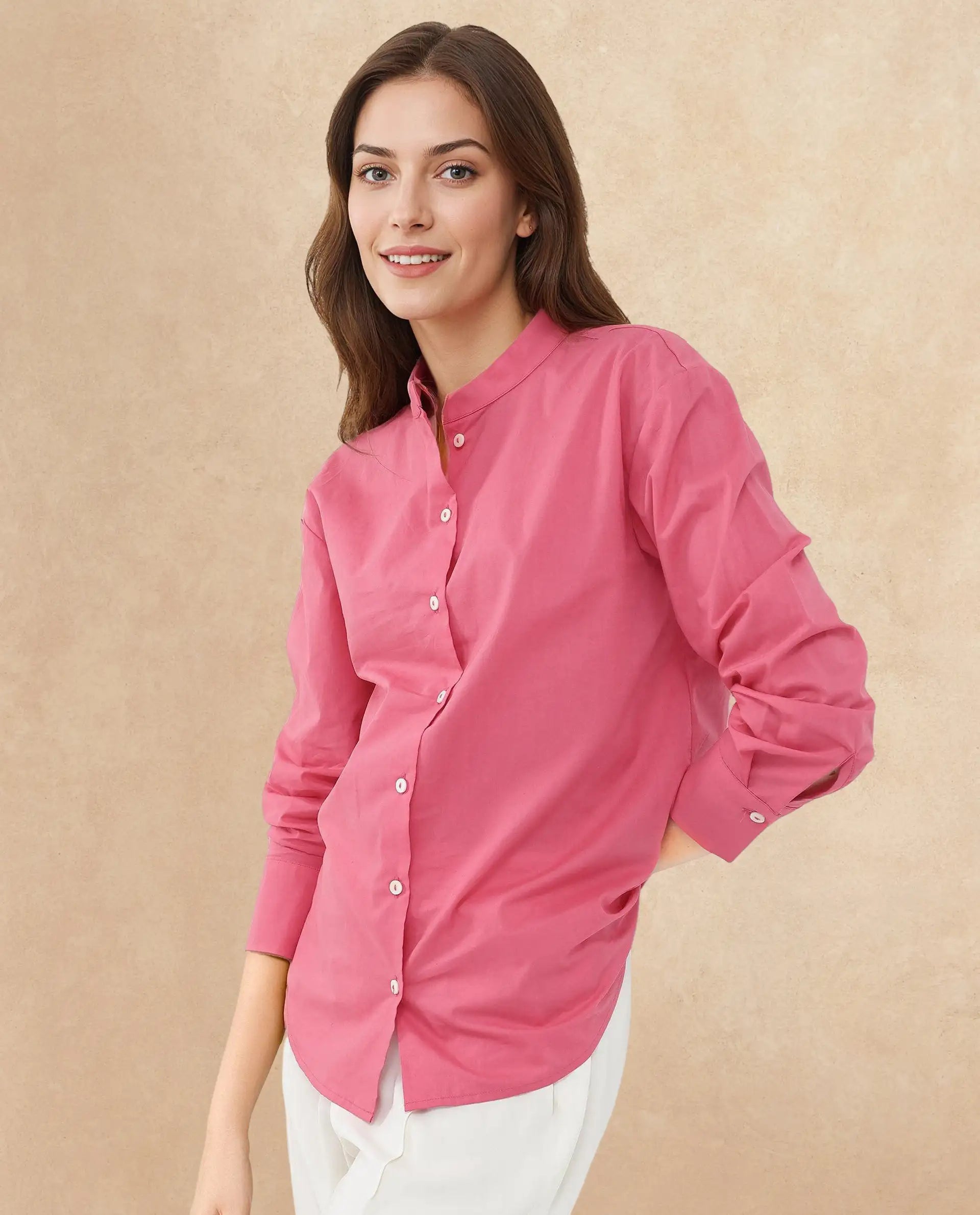 Rareism Women Aytac Light Pink Cotton Fabric Mandarin Collar Solid Shirt