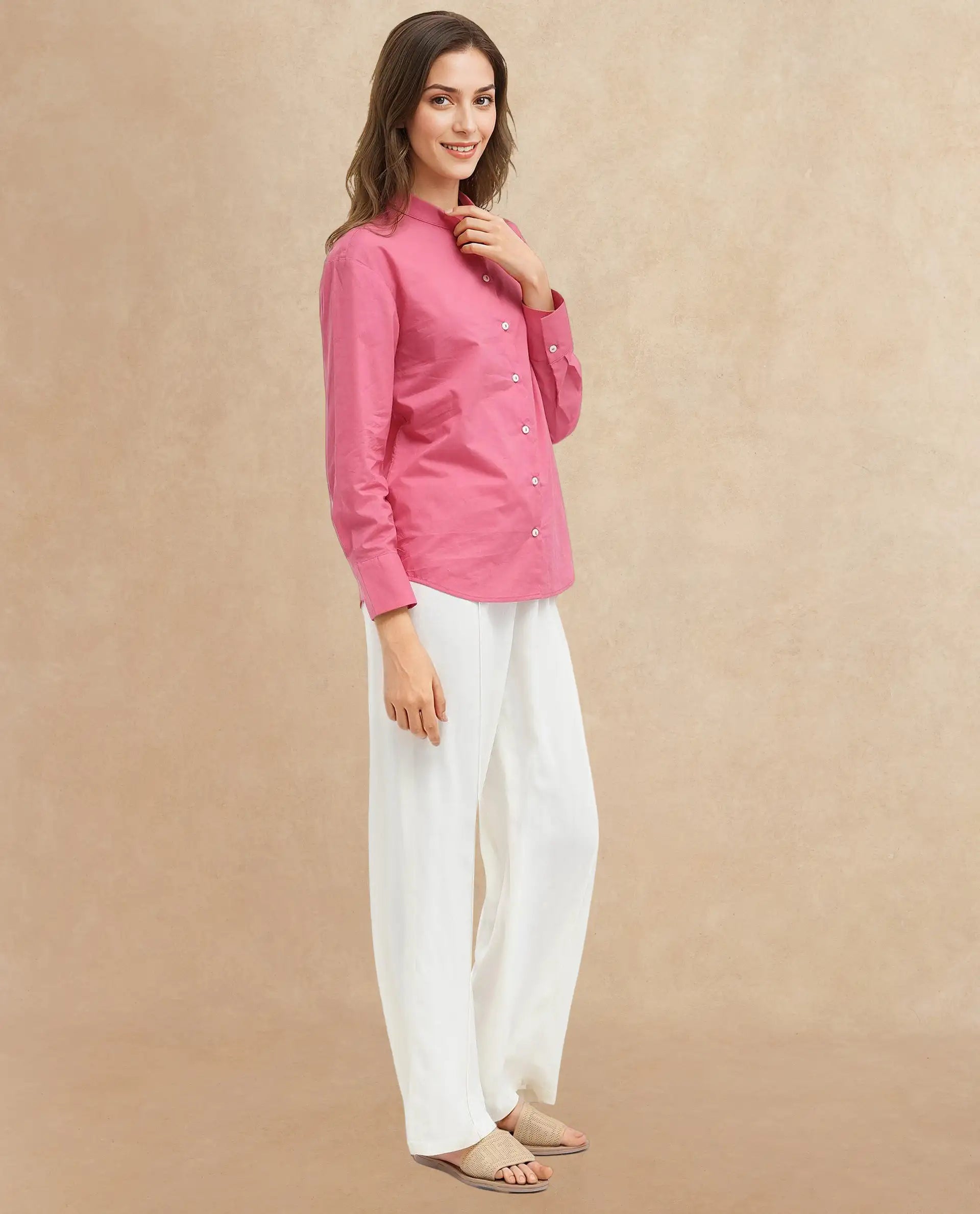 Rareism Women Aytac Light Pink Cotton Fabric Mandarin Collar Solid Shirt