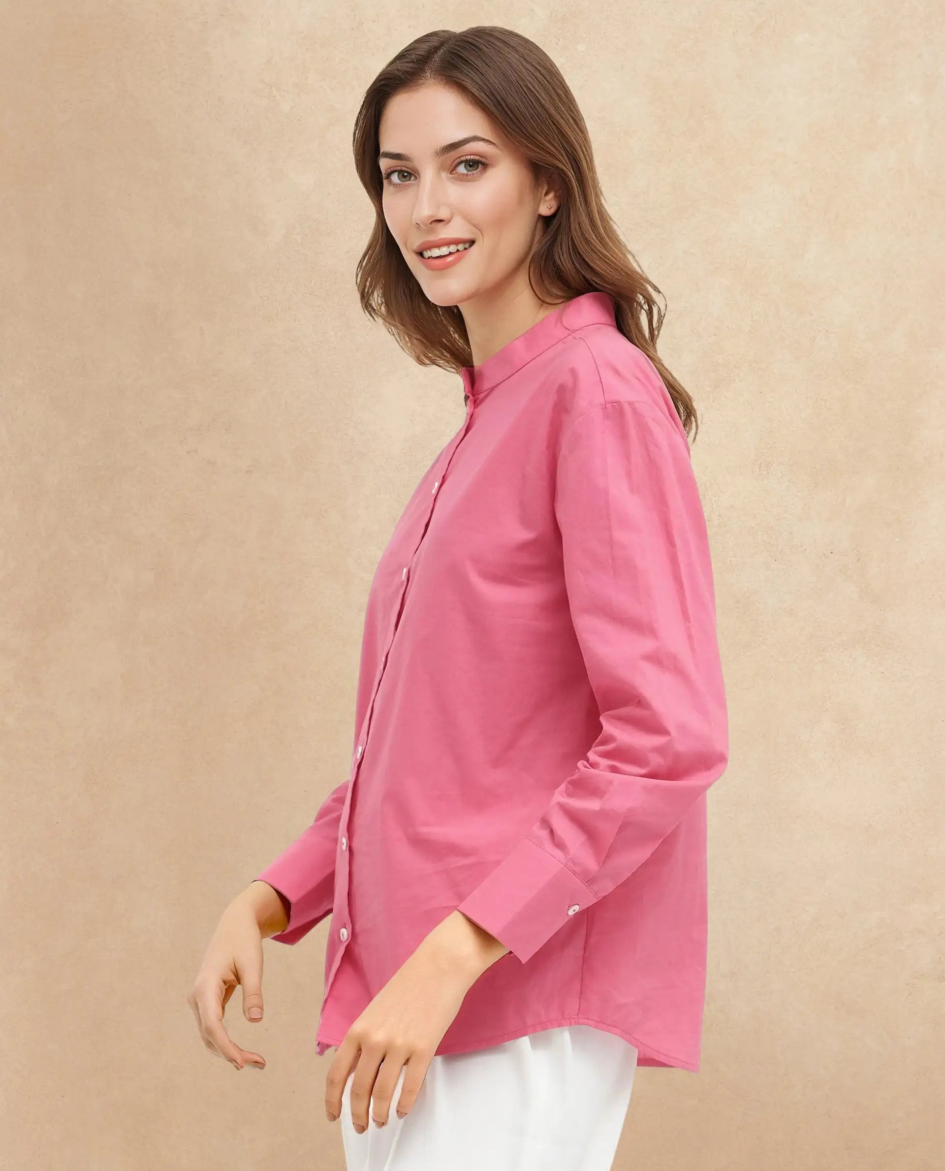 Rareism Women Aytac Light Pink Cotton Fabric Mandarin Collar Solid Shirt