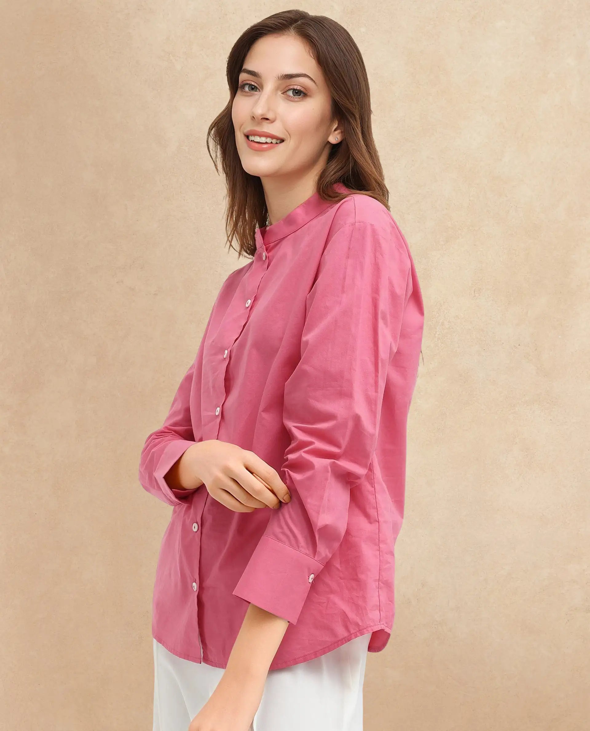 Rareism Women Aytac Light Pink Cotton Fabric Mandarin Collar Solid Shirt
