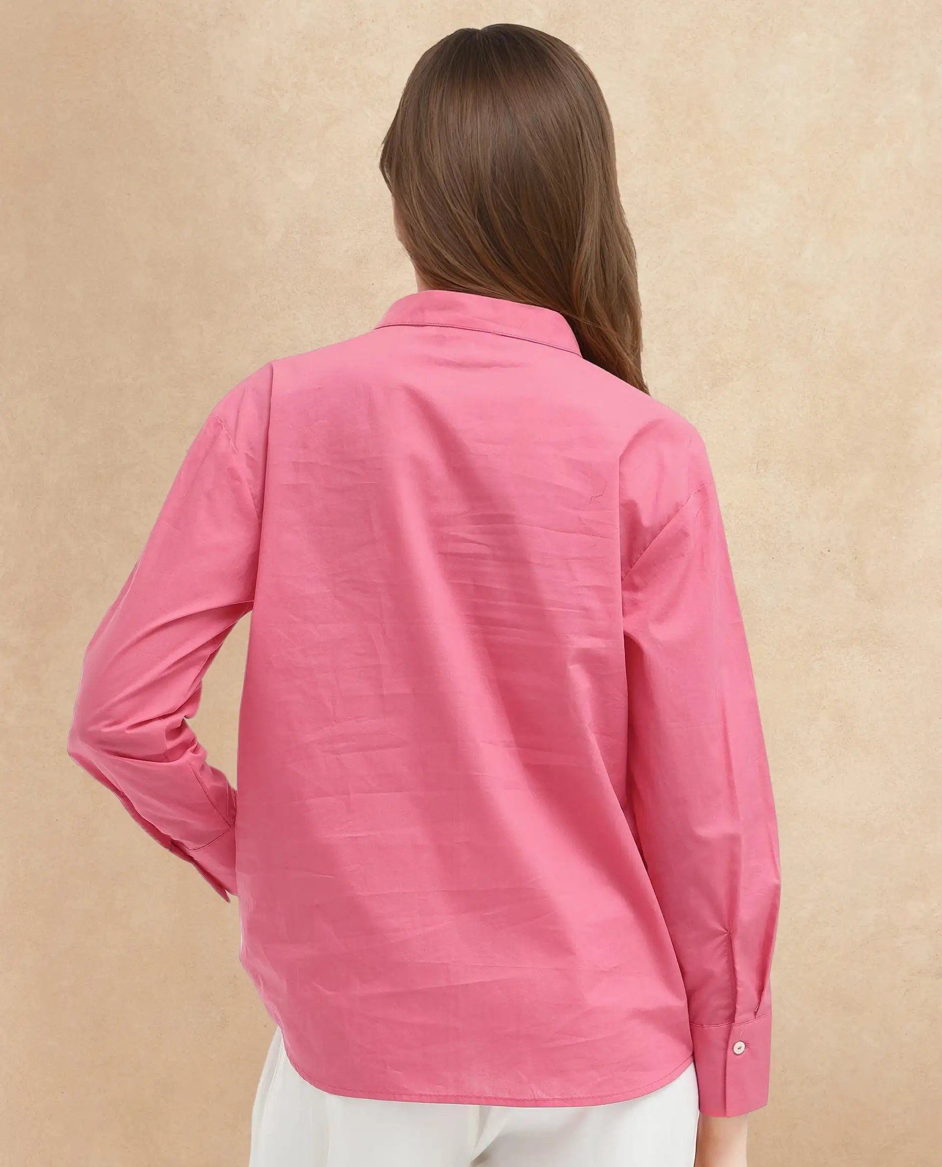 Rareism Women Aytac Light Pink Cotton Fabric Mandarin Collar Solid Shirt