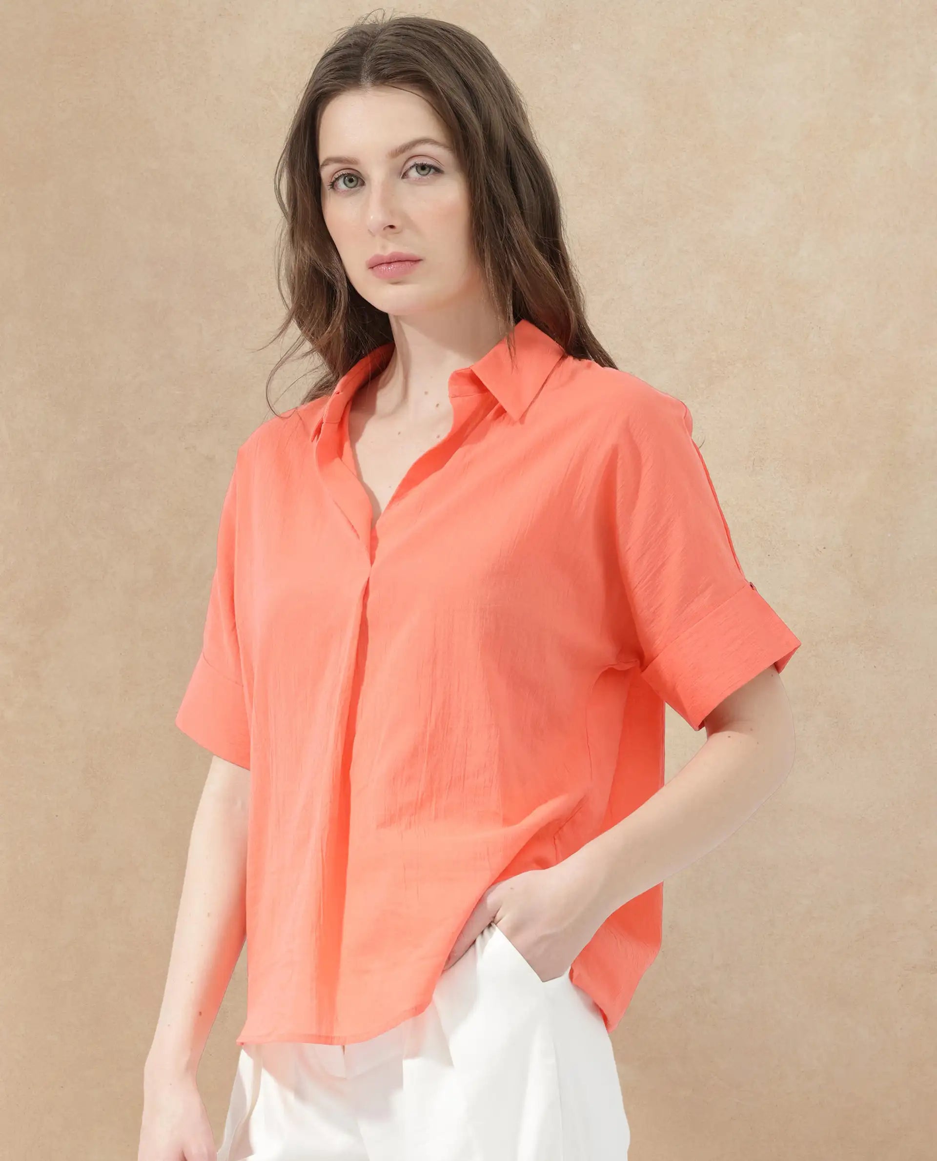 Rareism Womens Azzure Orange Top Short Sleeve Solid