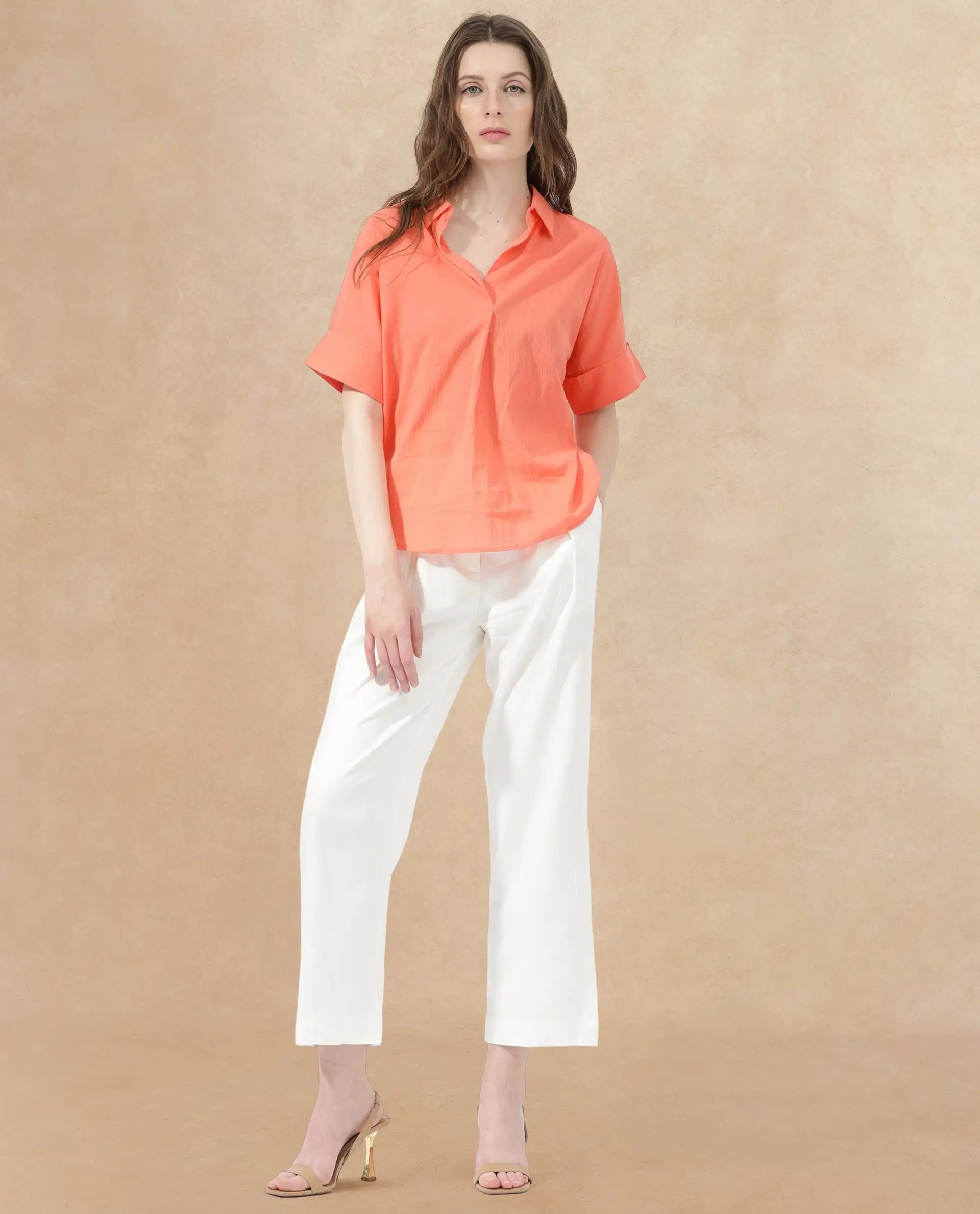 Rareism Womens Azzure Orange Top Short Sleeve Solid