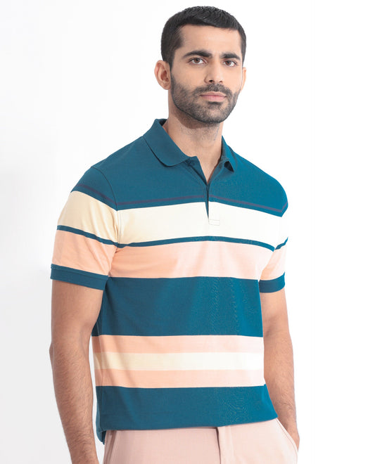 Rare Rabbit Men's Albans Dark Navy Cotton Fabric Collared Neck Half Sleeves Striped Polo