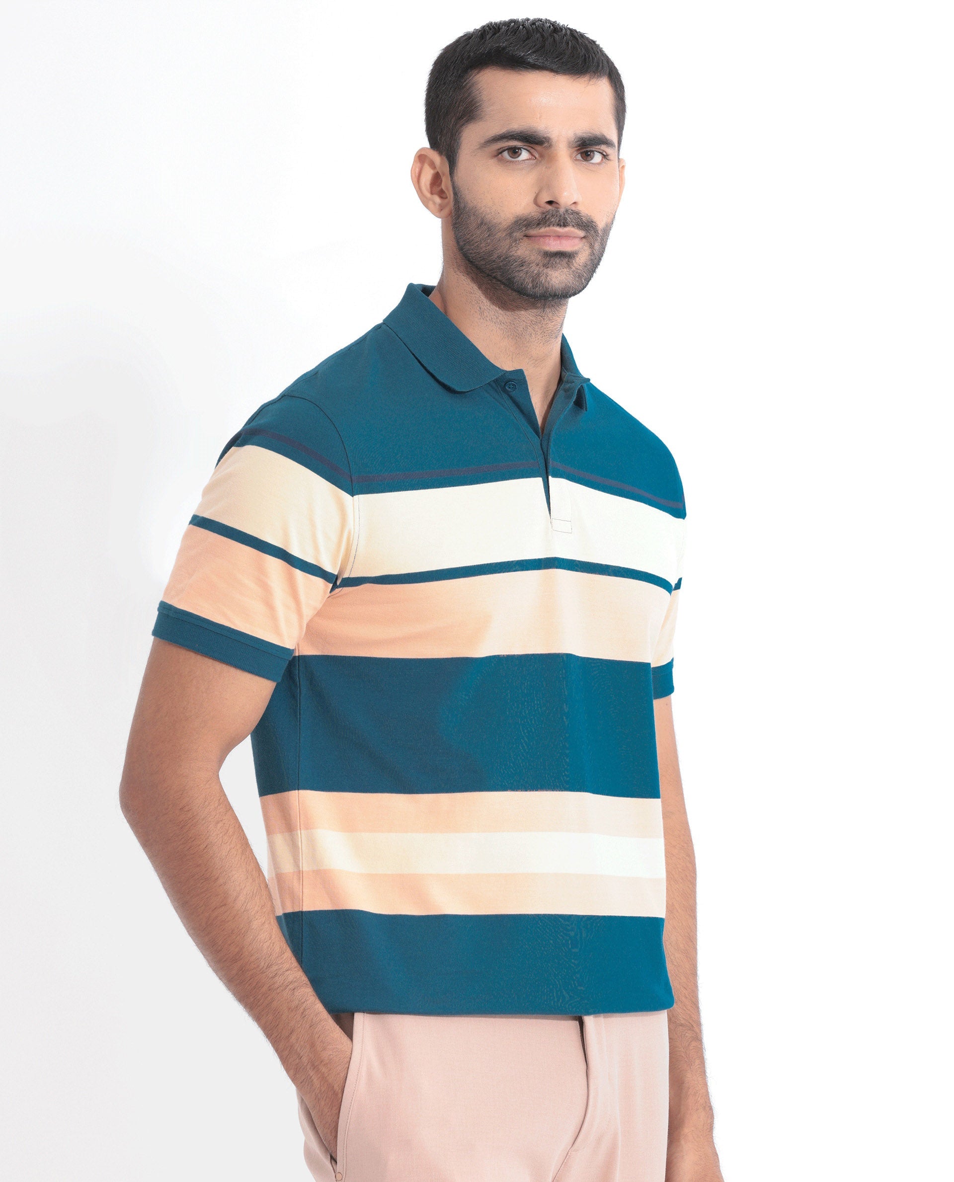 Rare Rabbit Men's Albans Dark Navy Cotton Fabric Collared Neck Half Sleeves Striped Polo