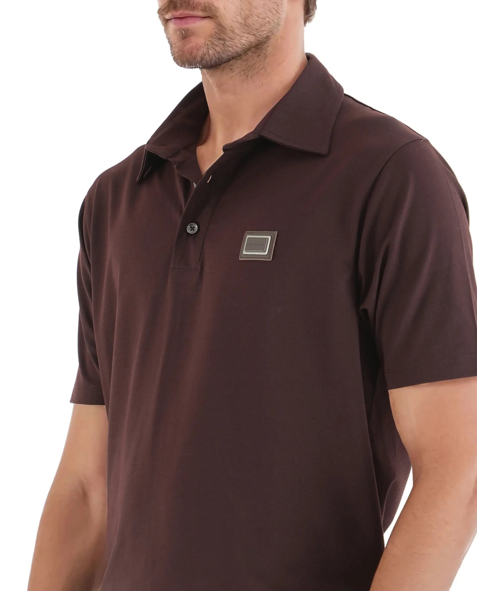Rare Rabbit Men Badger-25 Dark Brown Cotton Poly Fabric Short Sleeve Collared Neck Button Closure Plain Polo