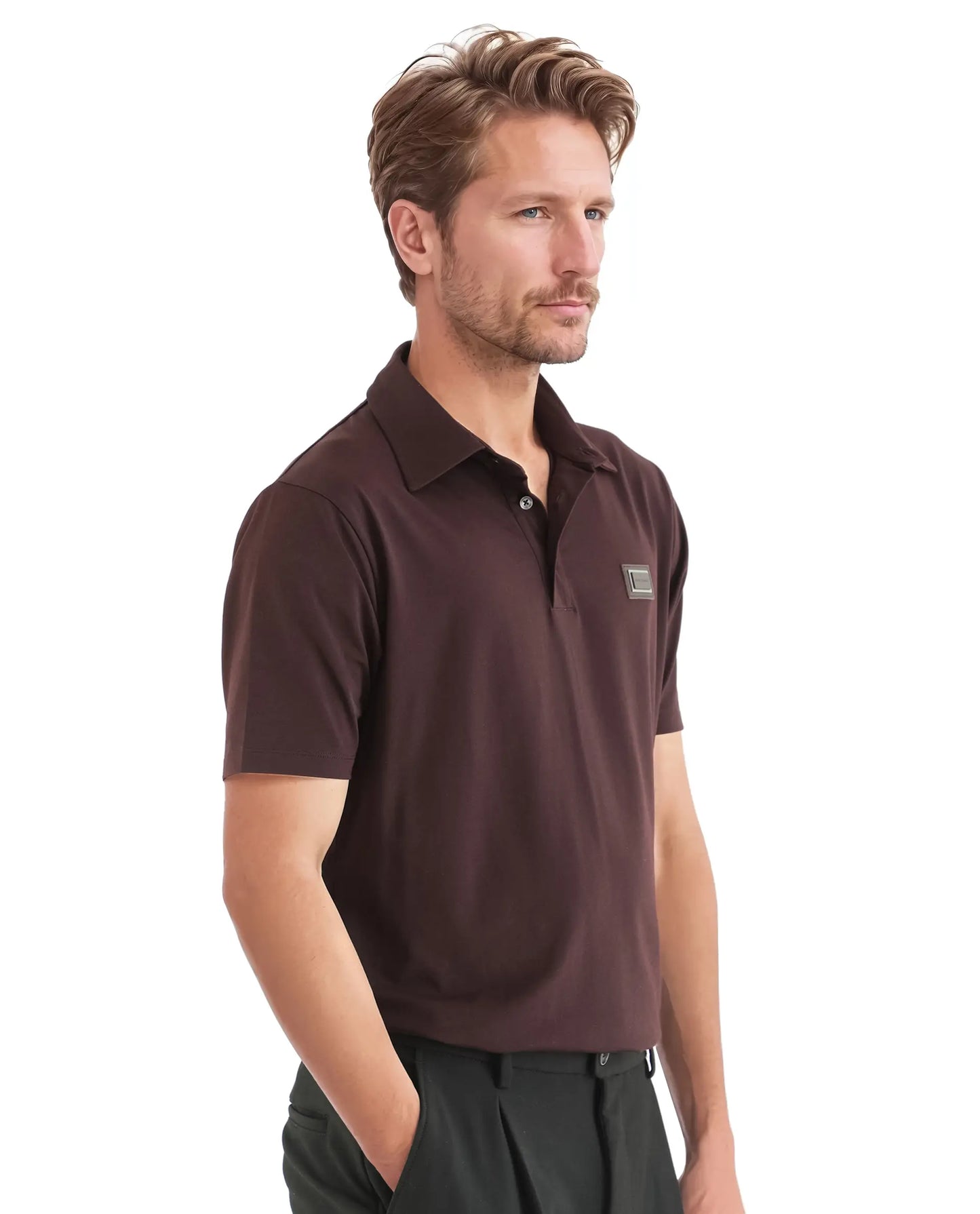 Rare Rabbit Men Badger-25 Dark Brown Cotton Poly Fabric Short Sleeve Collared Neck Button Closure Plain Polo