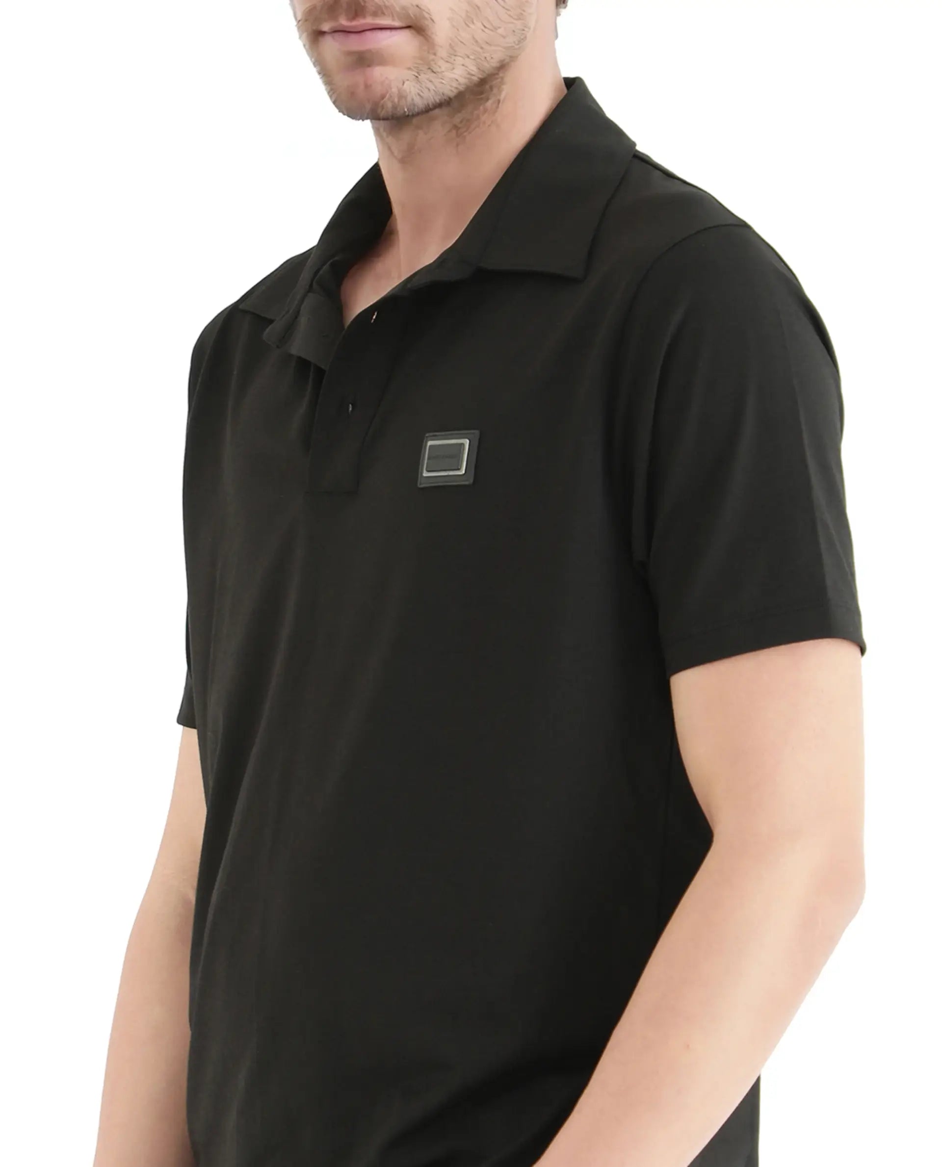 Rare Rabbit Men Badger-25 Black Cotton Poly Fabric Short Sleeve Collared Neck Button Closure Plain Polo