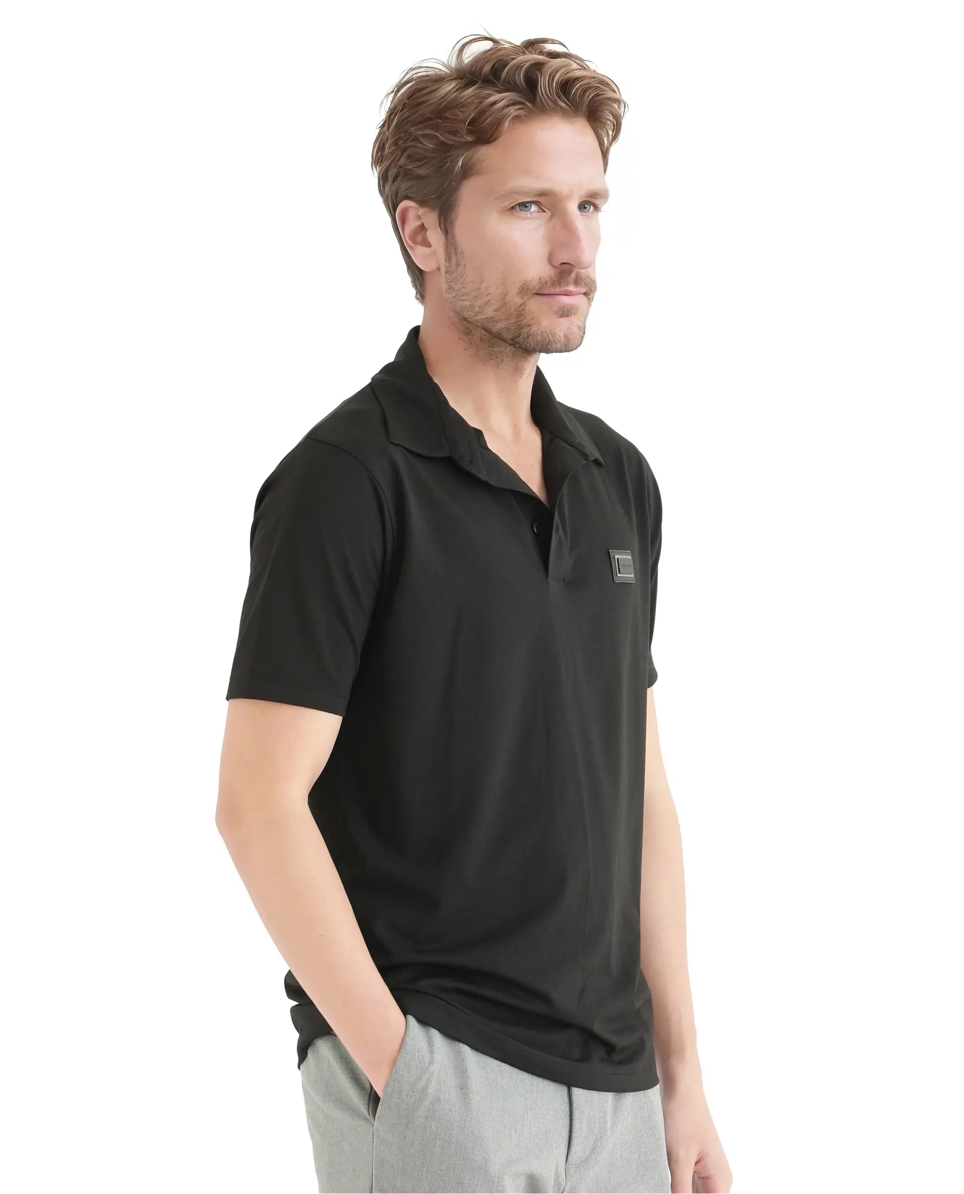Rare Rabbit Men Badger-25 Black Cotton Poly Fabric Short Sleeve Collared Neck Button Closure Plain Polo