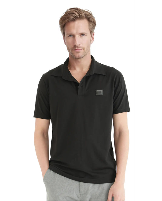 Rare Rabbit Men Badger-25 Black Cotton Poly Fabric Short Sleeve Collared Neck Button Closure Plain Polo