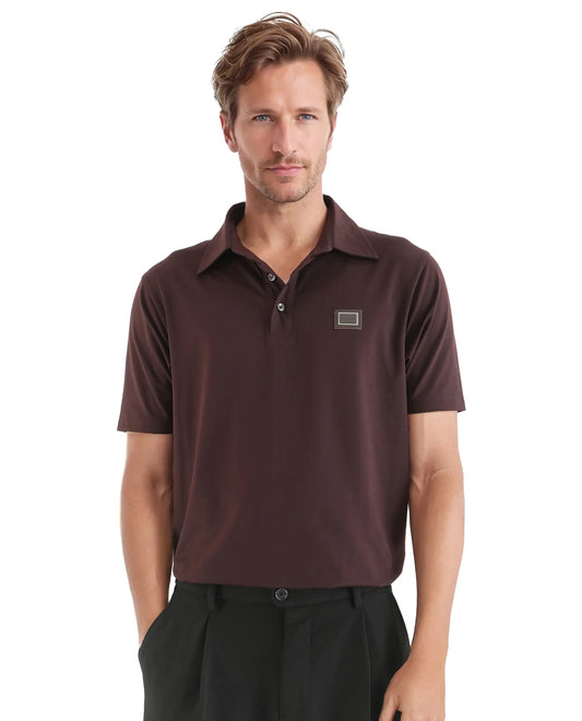 Rare Rabbit Men Badger-25 Dark Brown Cotton Poly Fabric Short Sleeve Collared Neck Button Closure Plain Polo