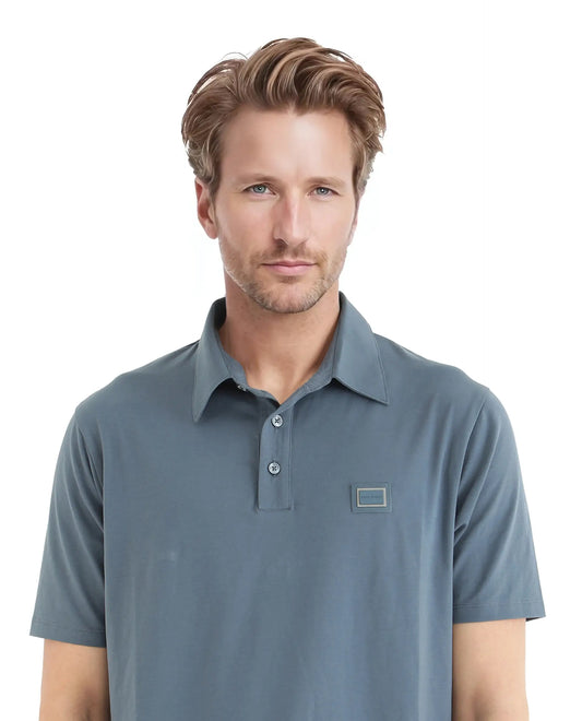 Rare Rabbit Men Badger-25 Dusky Blue Cotton Poly Fabric Short Sleeve Collared Neck Button Closure Plain Polo