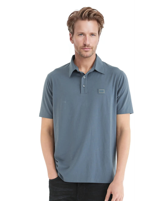 Rare Rabbit Men Badger-25 Dusky Blue Cotton Poly Fabric Short Sleeve Collared Neck Button Closure Plain Polo