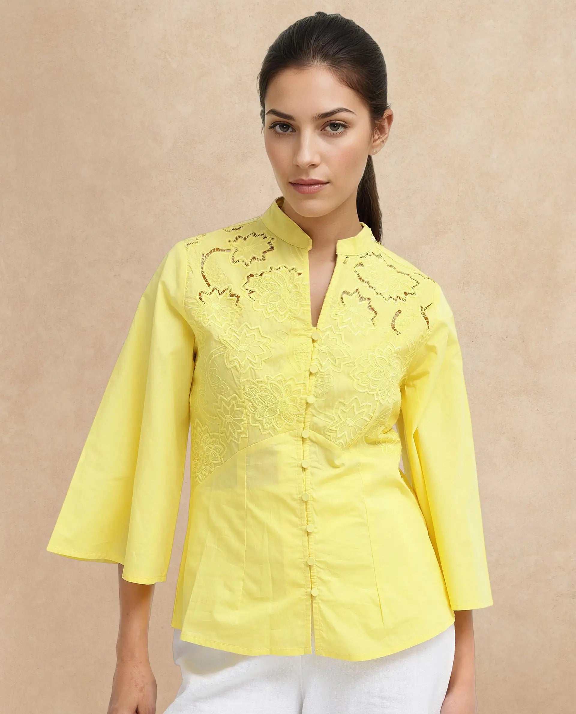 Rareism Women Badgle-T Pastel Yellow Cotton Fabric Full Sleeve Collared Neck   Embroidered Top