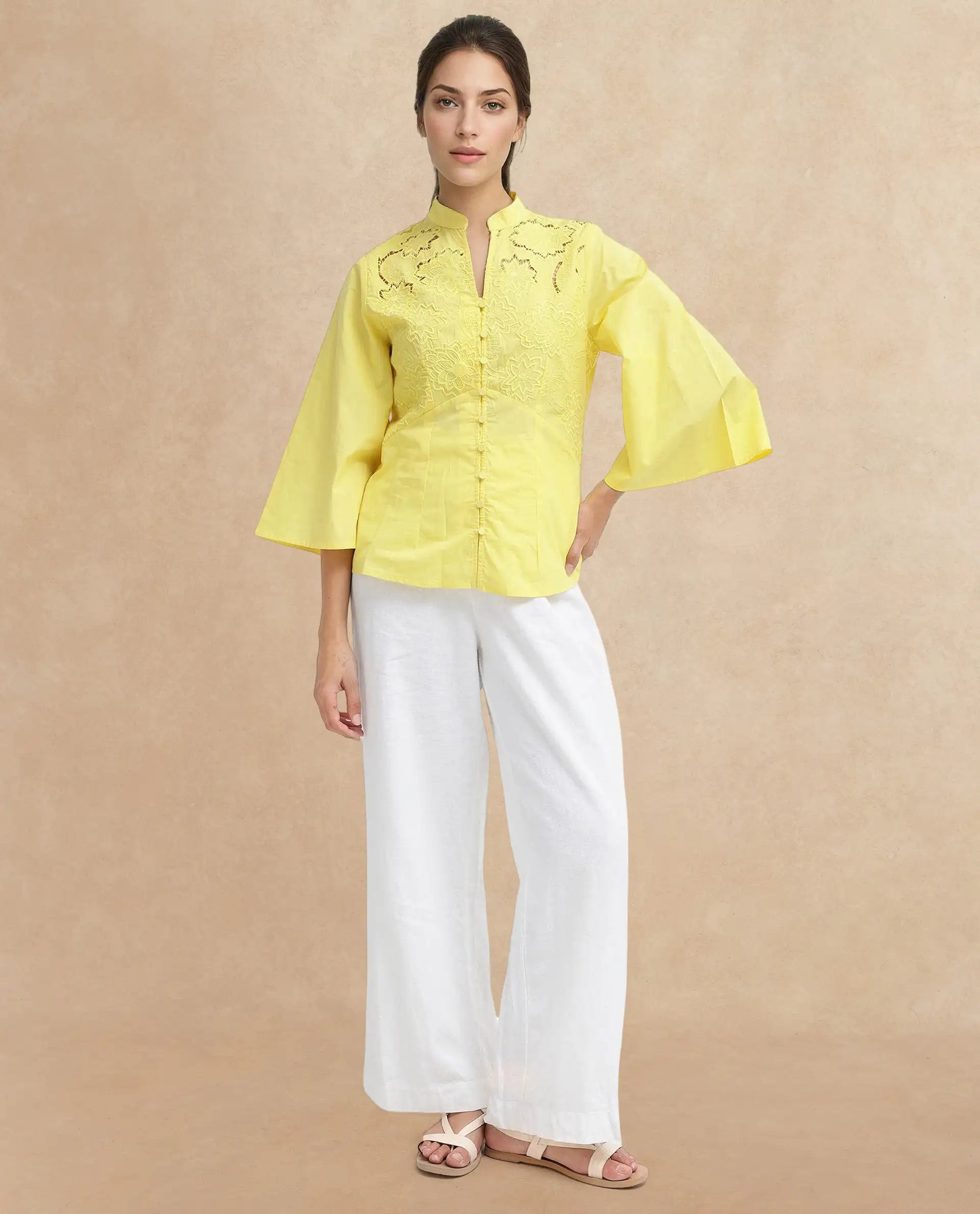 Rareism Women Badgle-T Pastel Yellow Cotton Fabric Full Sleeve Collared Neck   Embroidered Top