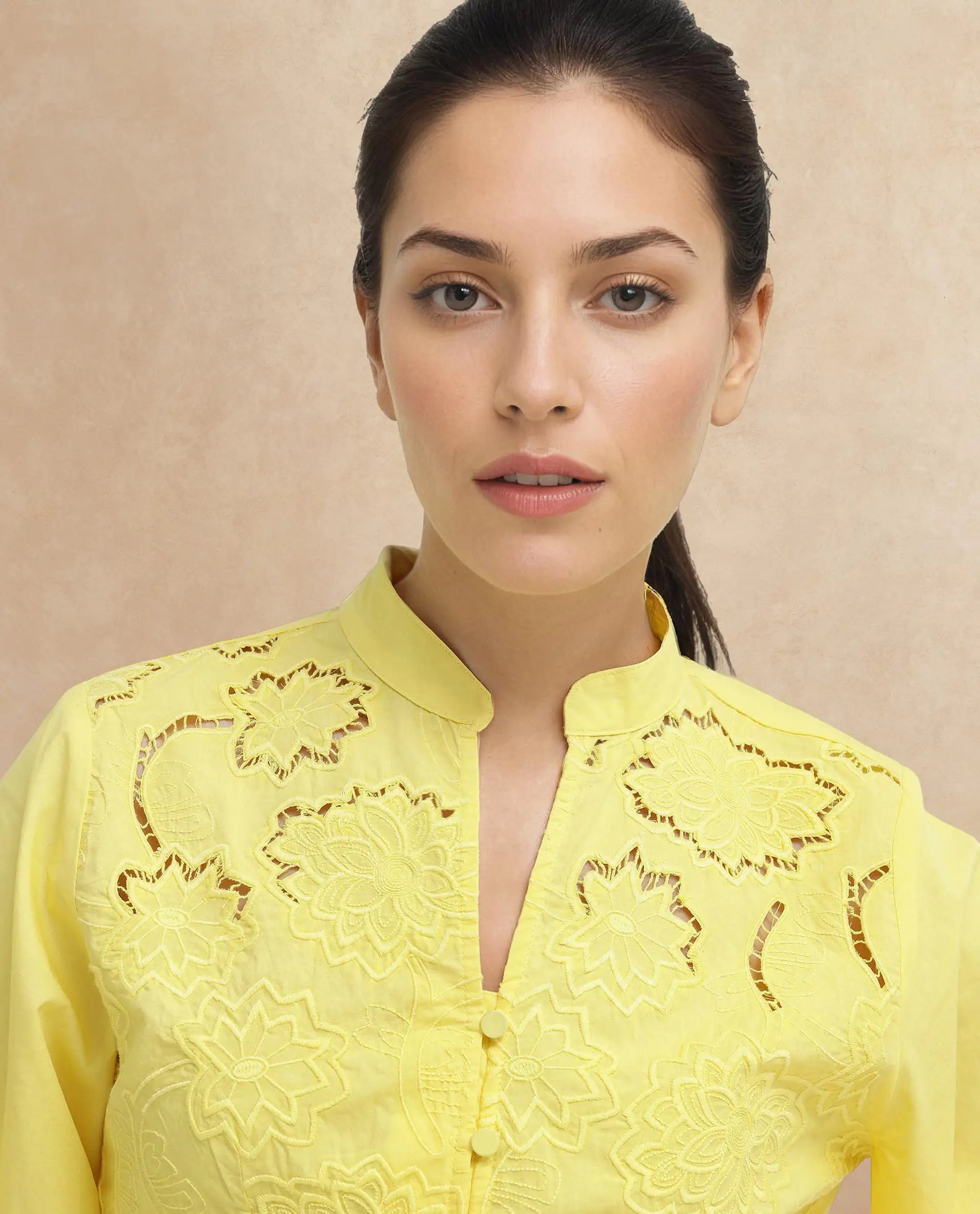 Rareism Women Badgle-T Pastel Yellow Cotton Fabric Full Sleeve Collared Neck   Embroidered Top