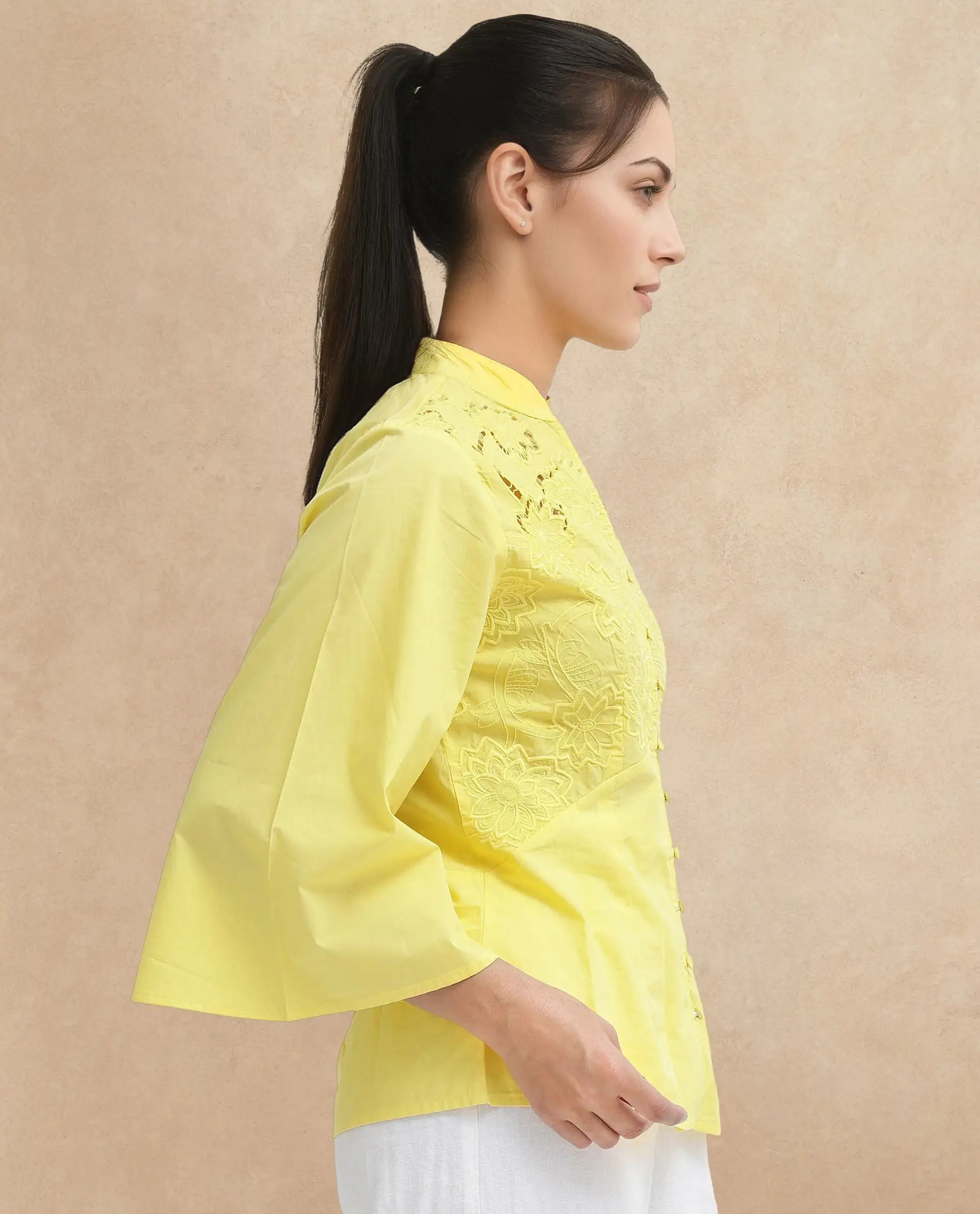 Rareism Women Badgle-T Pastel Yellow Cotton Fabric Full Sleeve Collared Neck   Embroidered Top