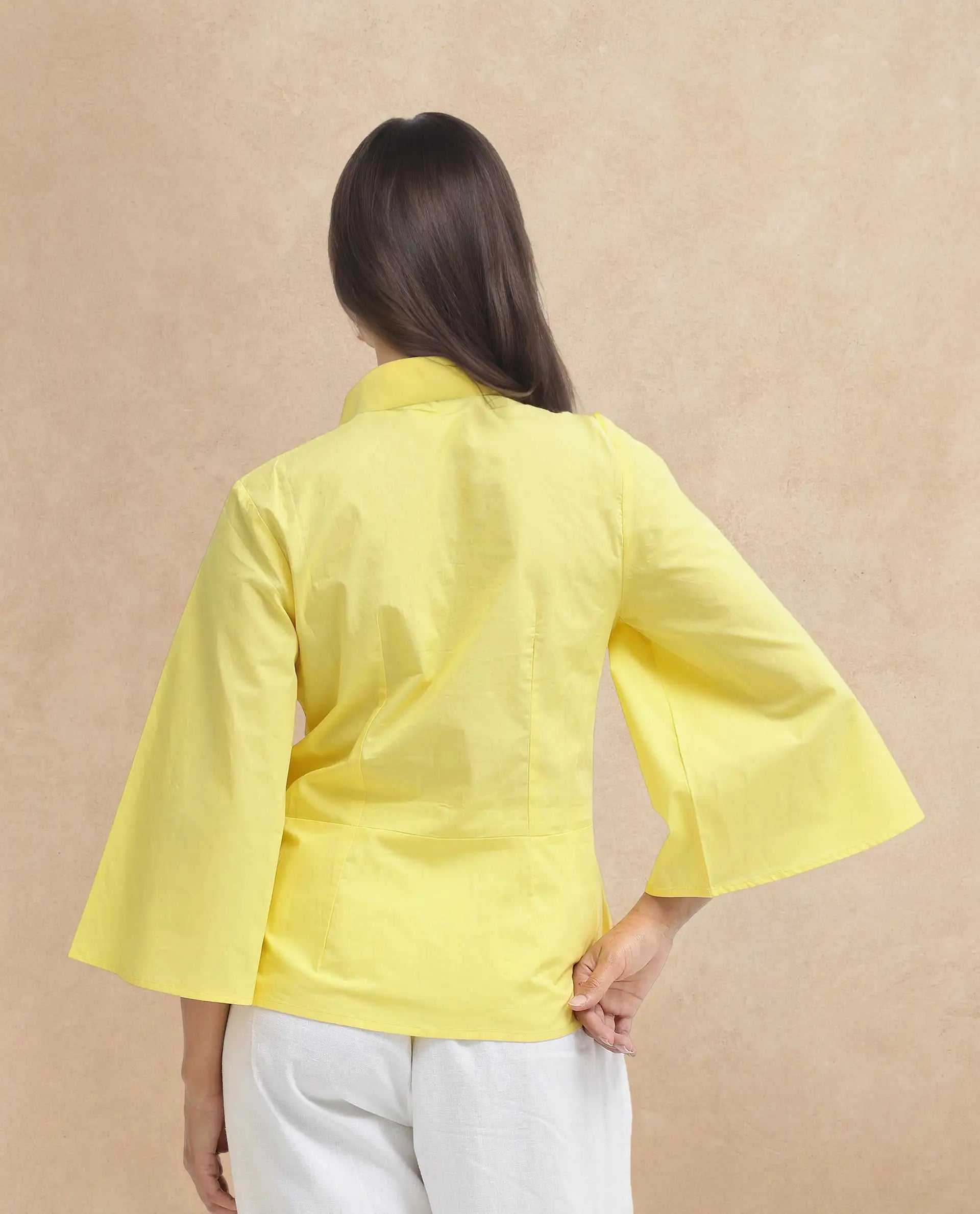 Rareism Women Badgle-T Pastel Yellow Cotton Fabric Full Sleeve Collared Neck   Embroidered Top