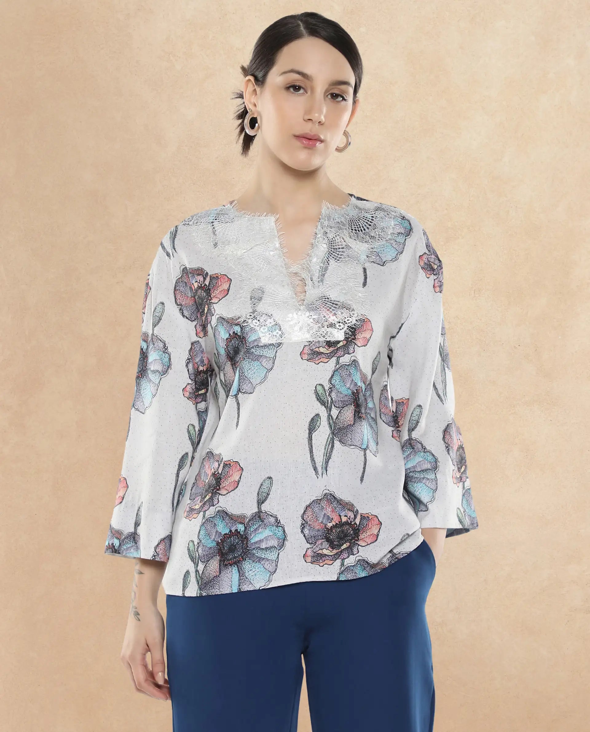 Rareism Women Baizen Multi Cotton Linen Fabric Regular Sleeves Key Hole Neck Floral Print Regular Length Top